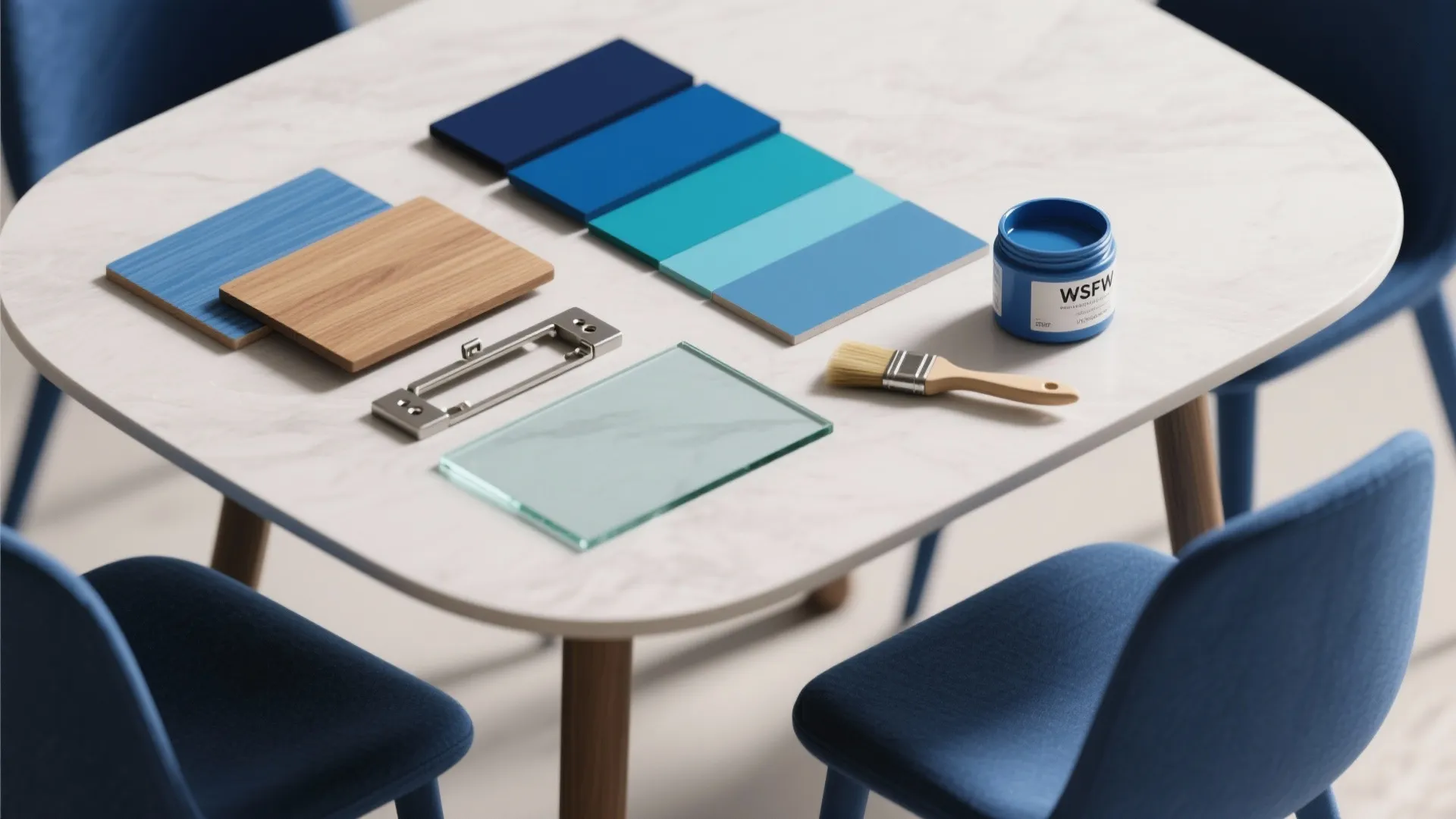 Table with blue color swatches wood samples glass tile paint brush and small blue paint jar