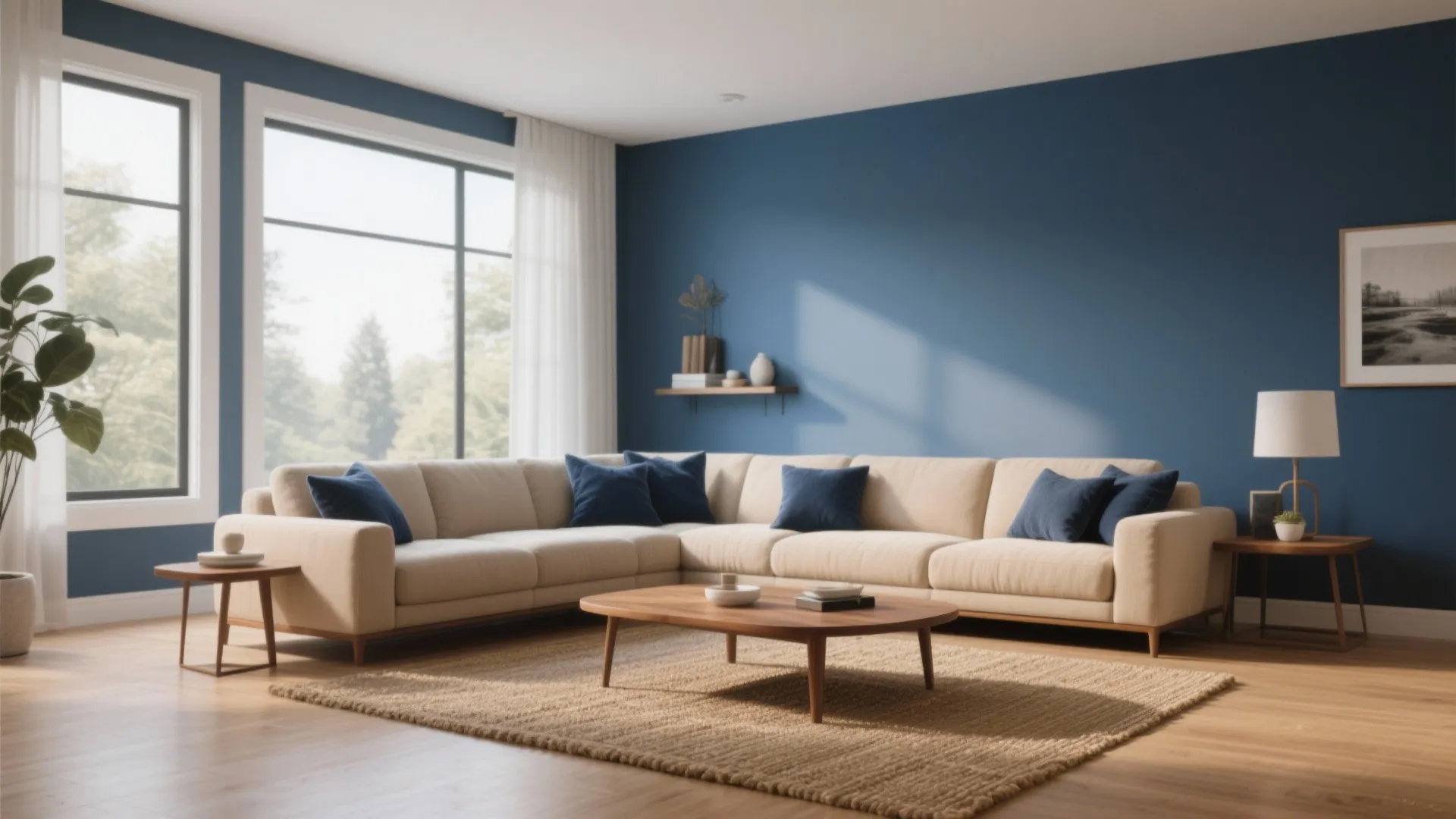 Modern blue living room featuring beige corner sofa wooden coffee table large window and natural light