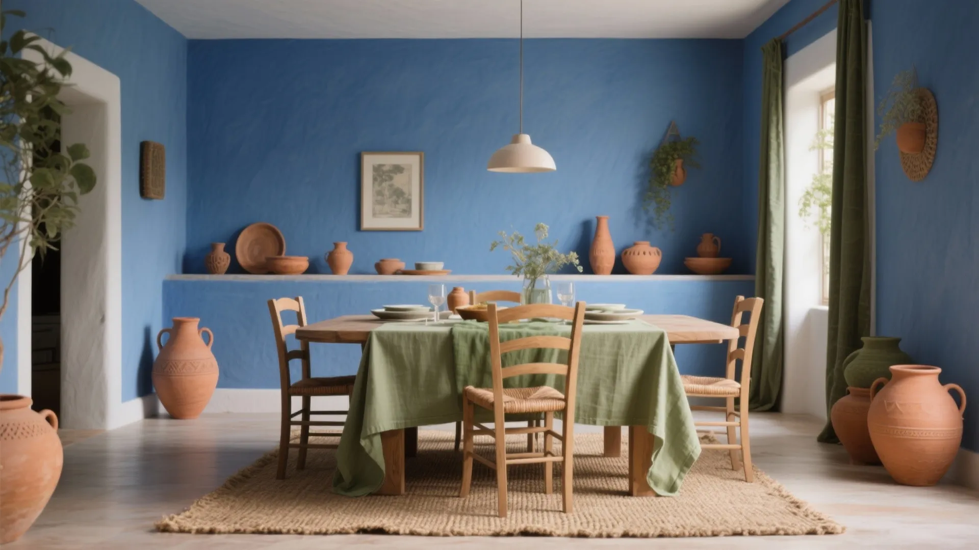 Rustic dining room with blue walls wooden table green cloth clay pots and wooden chairs decor