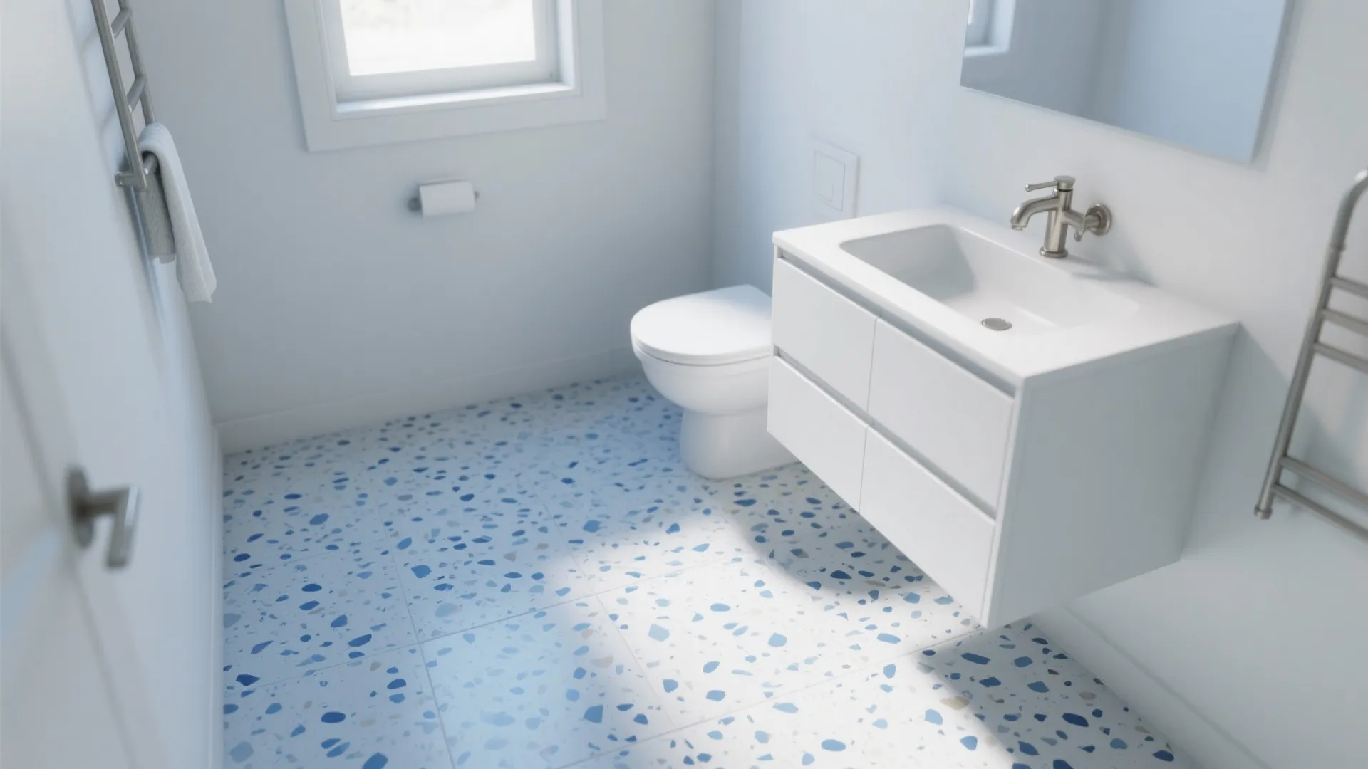 Blue Terrazzo Floor, Crisp White Walls