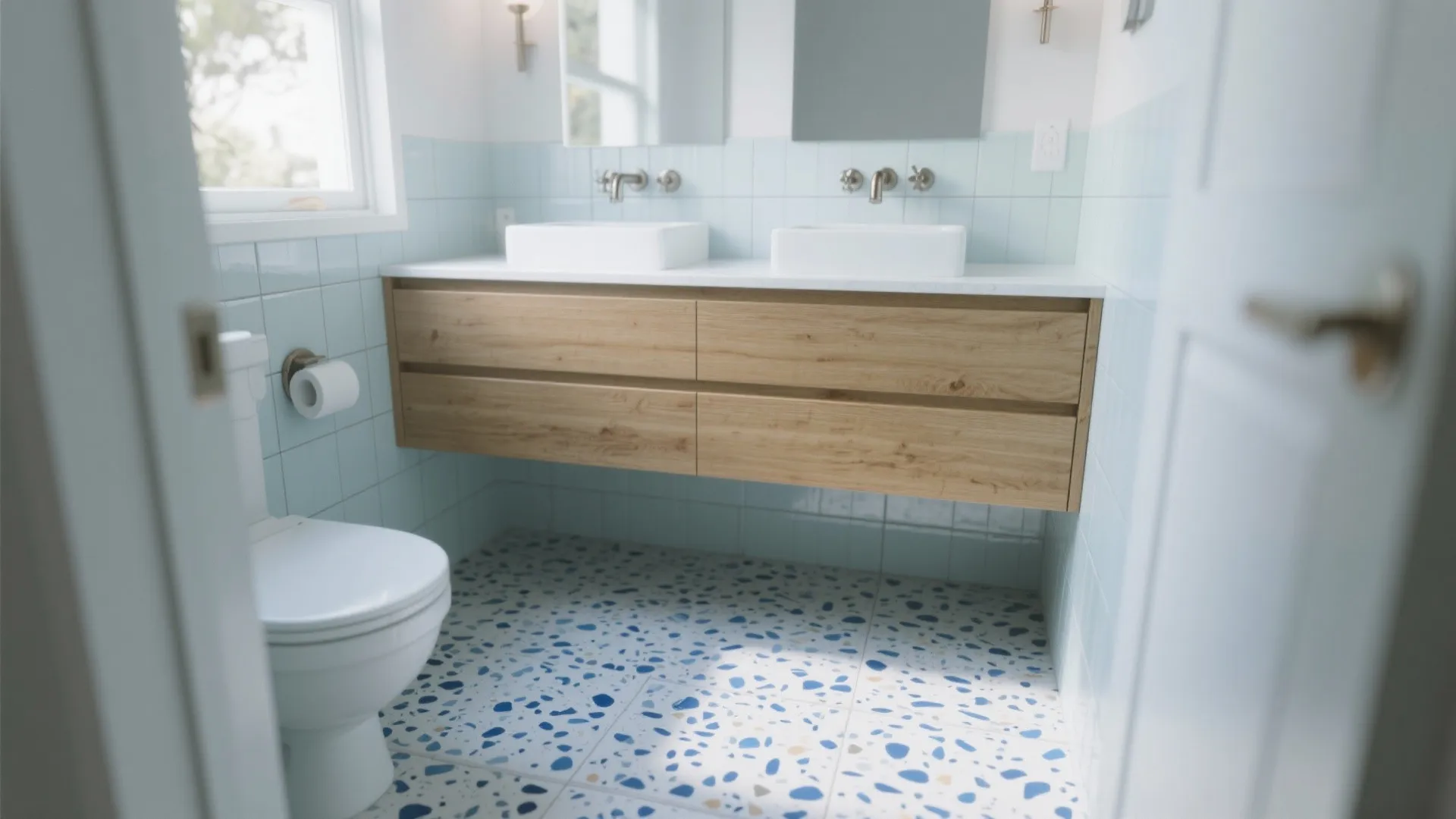 Blue-fleck terrazzo-look floor with fine aggregate, white oak vanity, brushed nickel fixtures, matte finish, soft daylight.