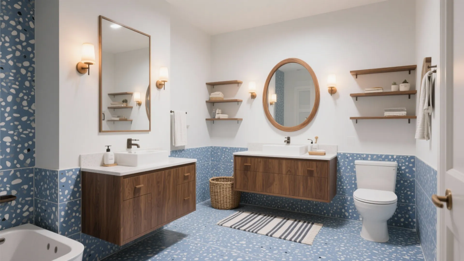 5) Blue Terrazzo with Warm Wood Accents