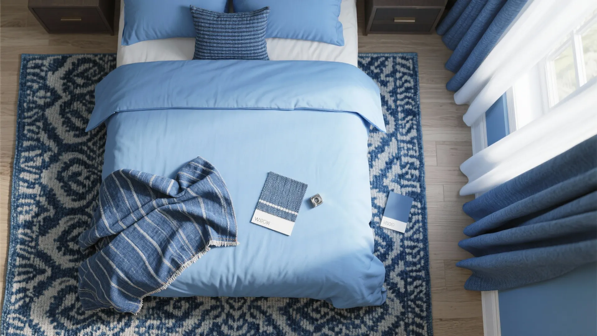 Top view of blue bed with patterned rug blue curtains and interior design material color samples