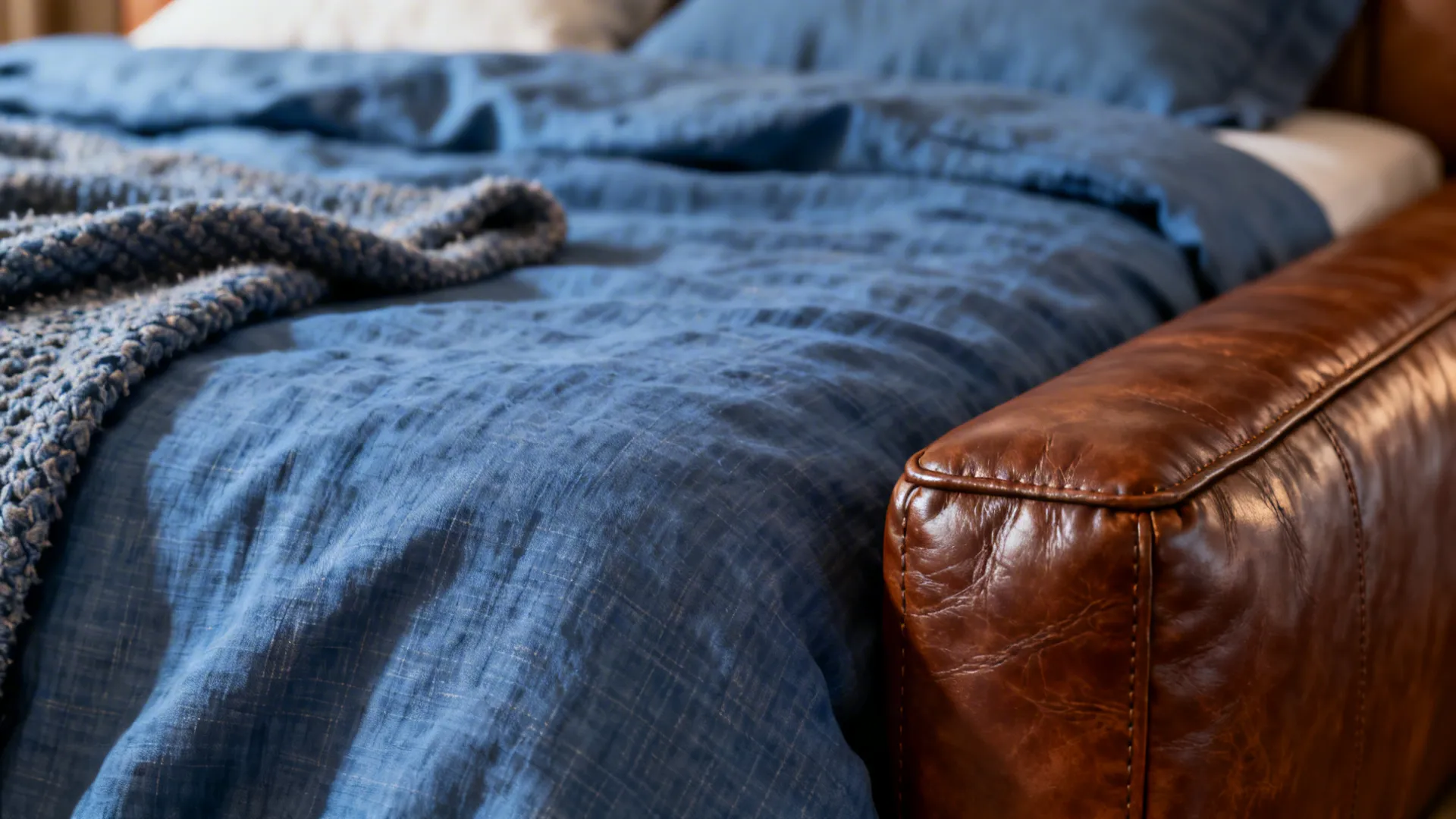 Close-up of blue linen bedding paired with brown leather accents