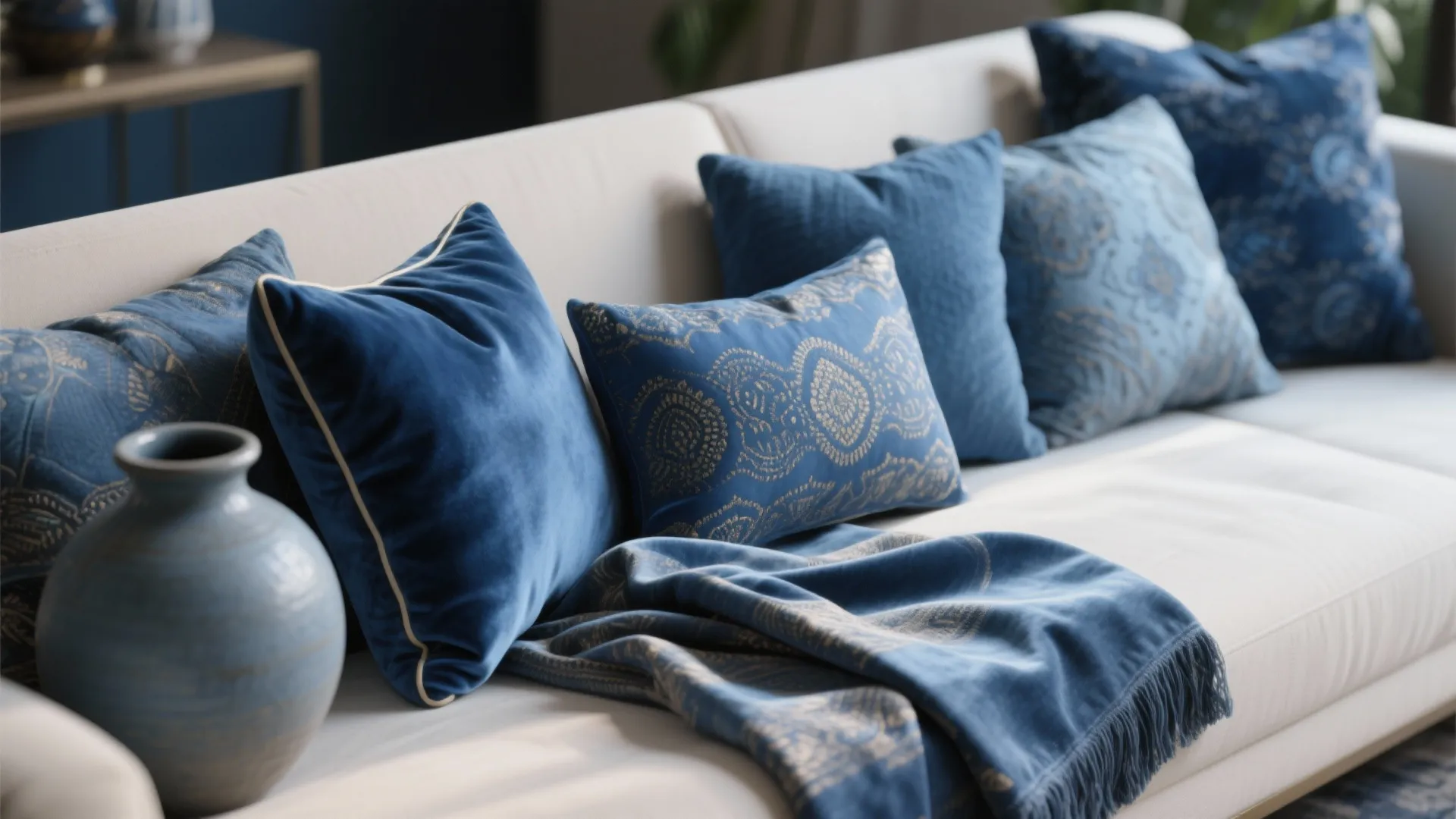 Modern white sofa decorated with patterned blue pillows and a matching blue blanket on top