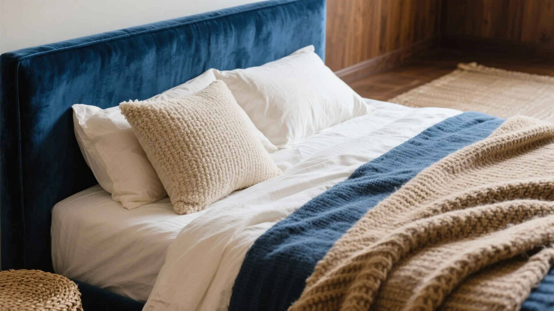 Blue velvet bed with white pillows and beige knitted blanket in a cozy bedroom setup