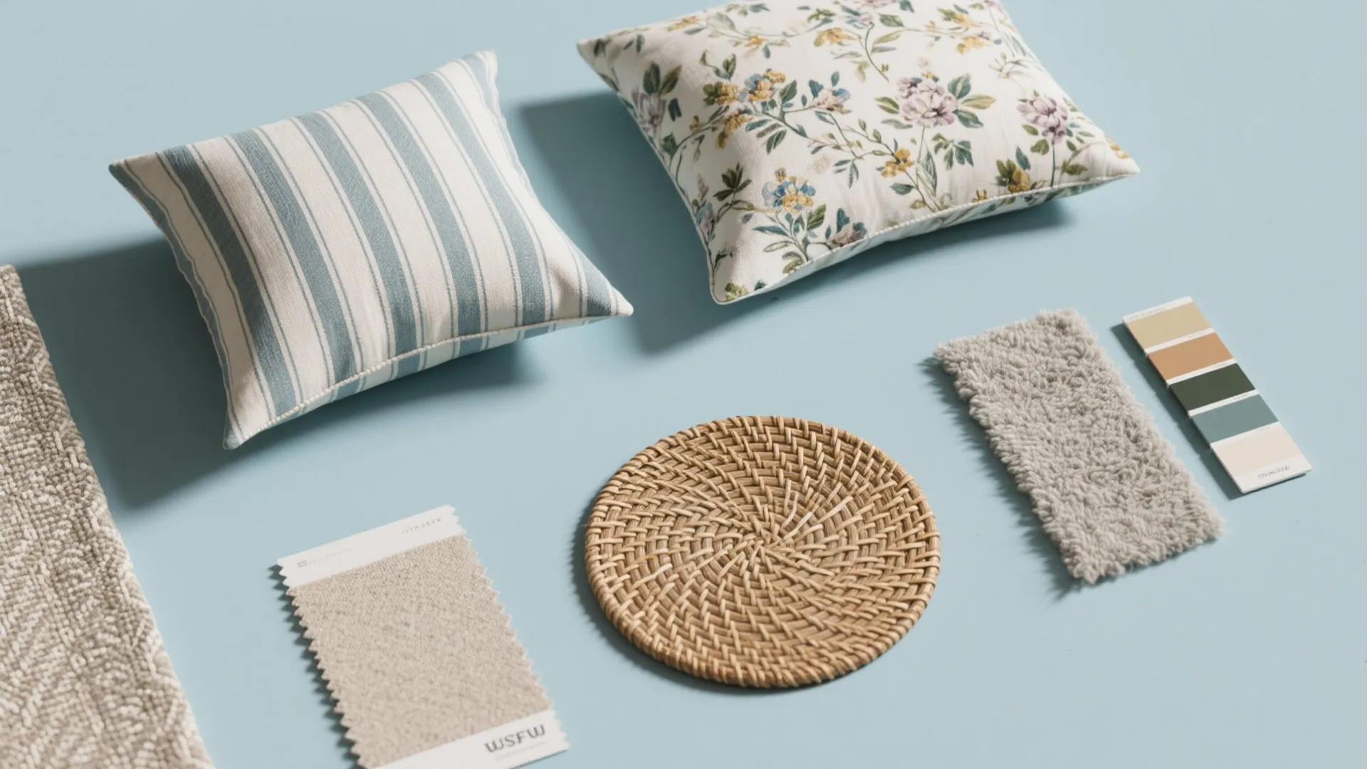 Selection of pillows, fabric swatches, and woven mat on a light blue background for design