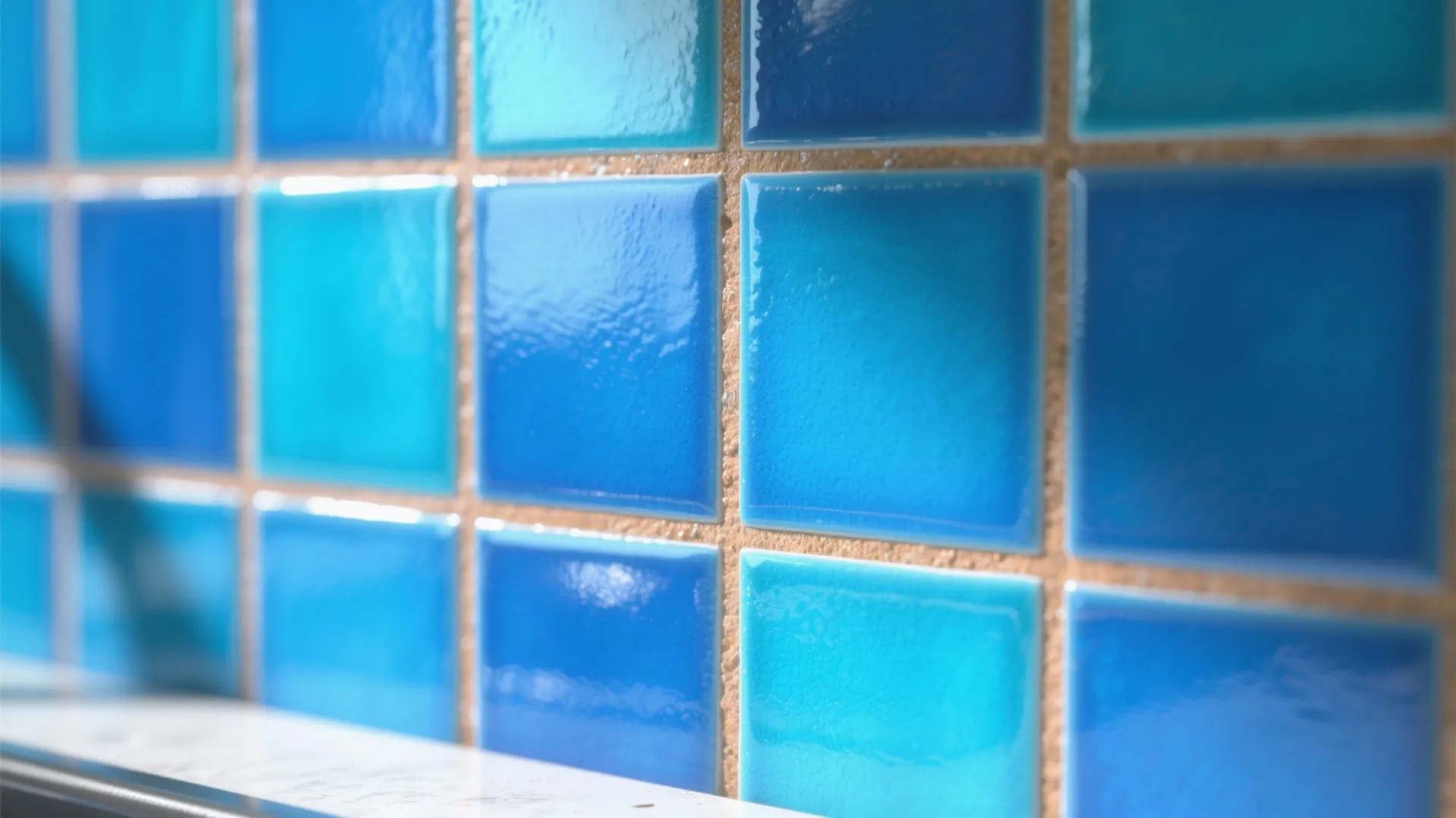 Close up of shiny blue square wall tiles in a bathroom or kitchen for decoration