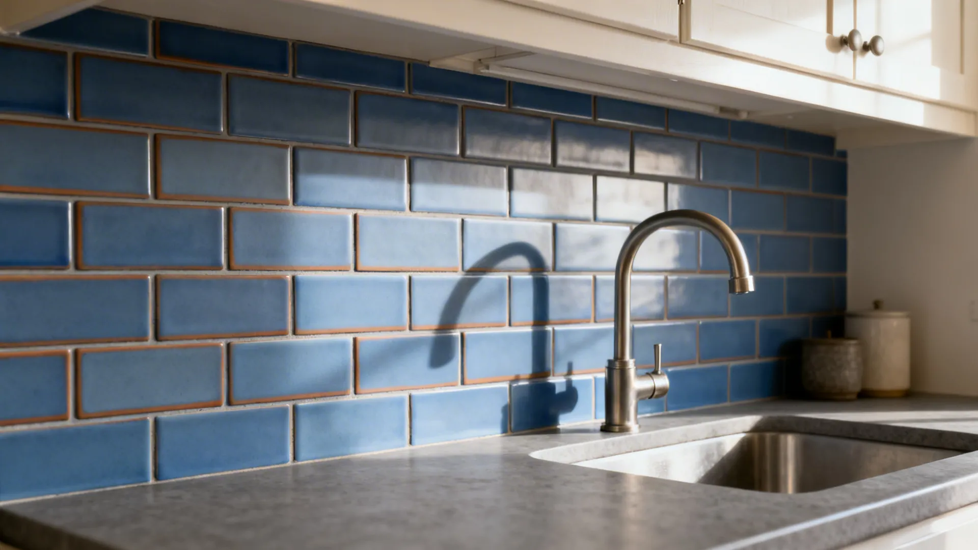 Matte blue subway tile backsplash with warm grey grout above a mid-grey counter.