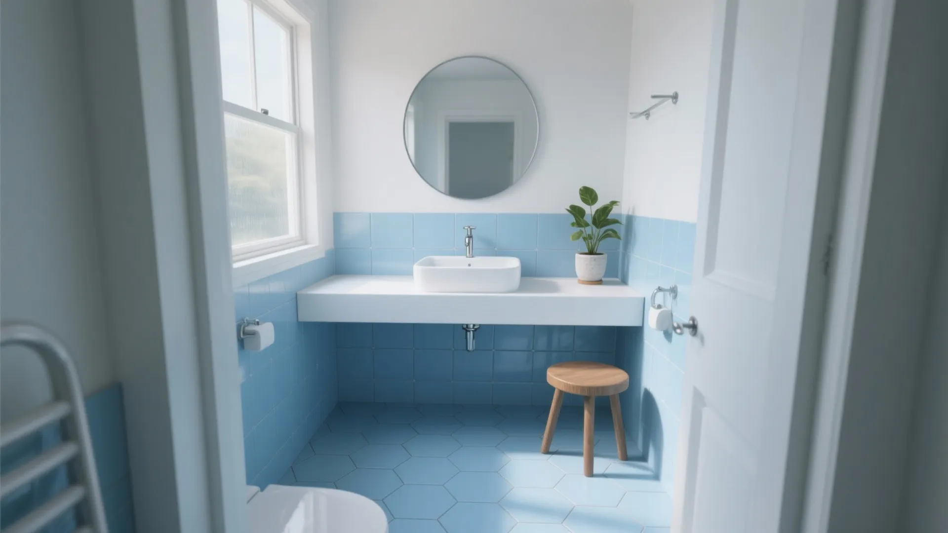 Small bathroom featuring light blue wall tiles white sink round mirror and wooden footrest stool