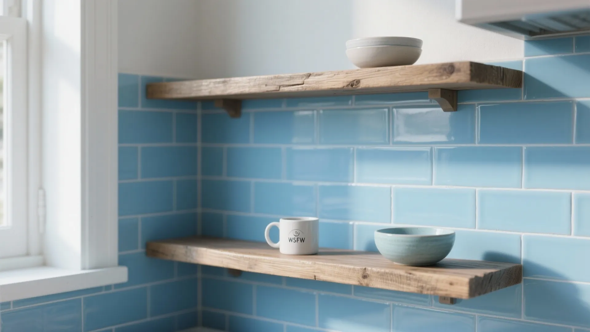 3. Blue Subway Tile Backsplash + Reclaimed Oak Shelves