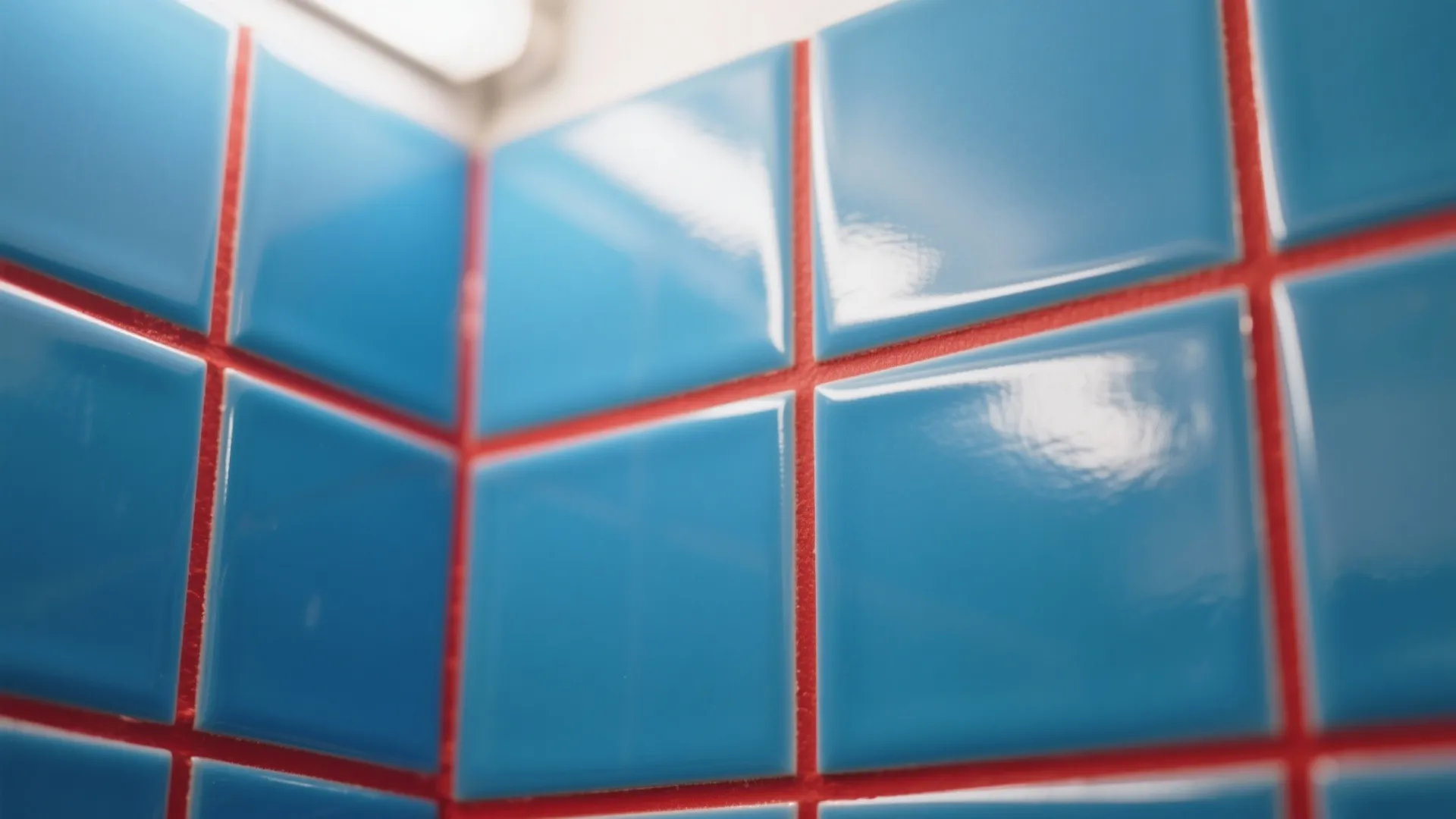 Close up of glossy blue square wall tiles with bright red grout lines in bathroom