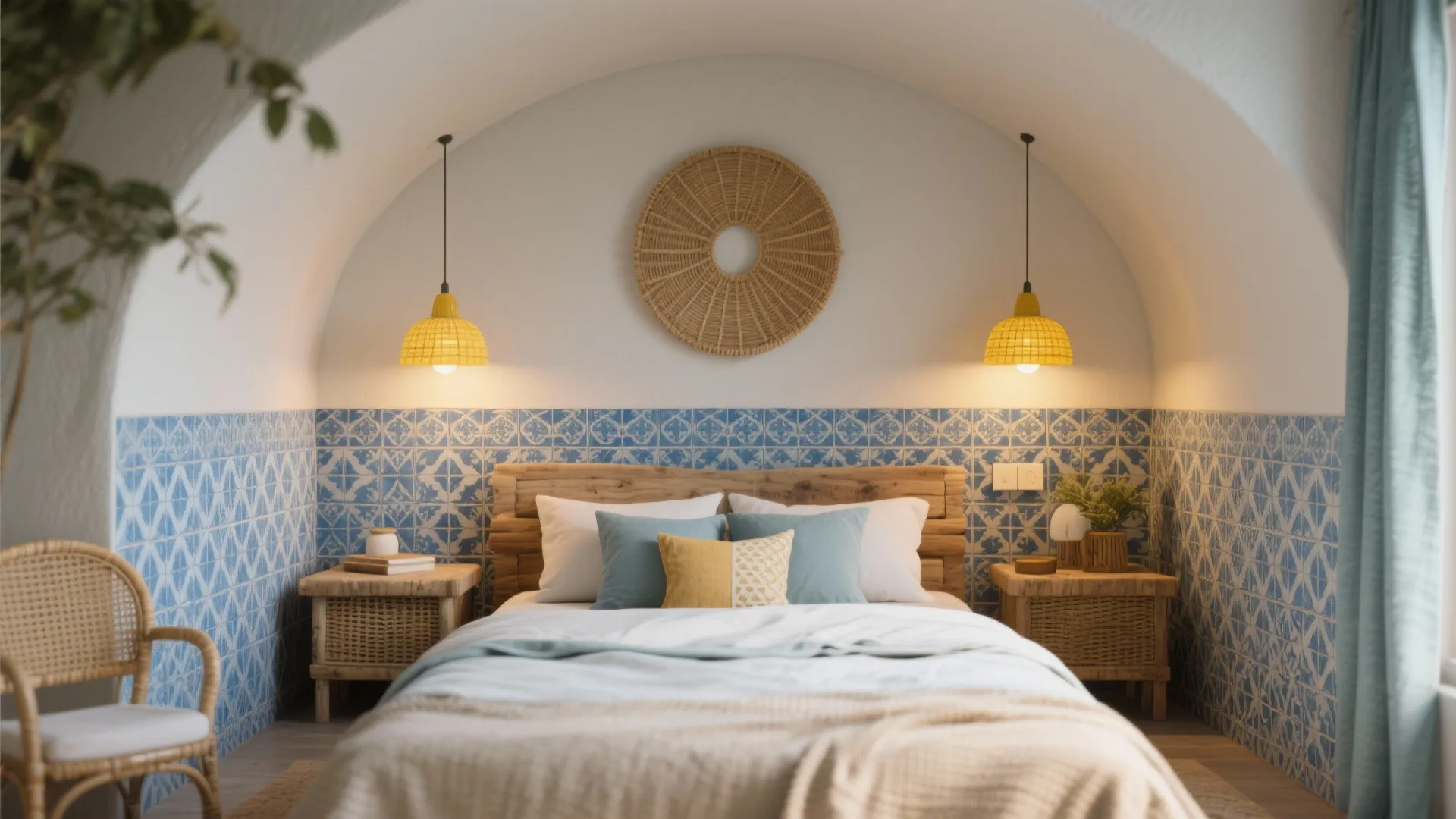 4. Blue Tile Accent + Yellow Lighting