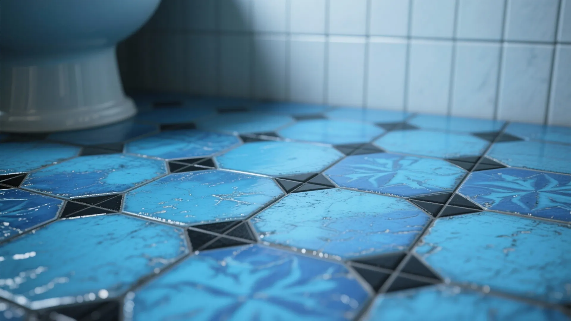 Patterned blue ceramic tiles with black grout showing texture and depth