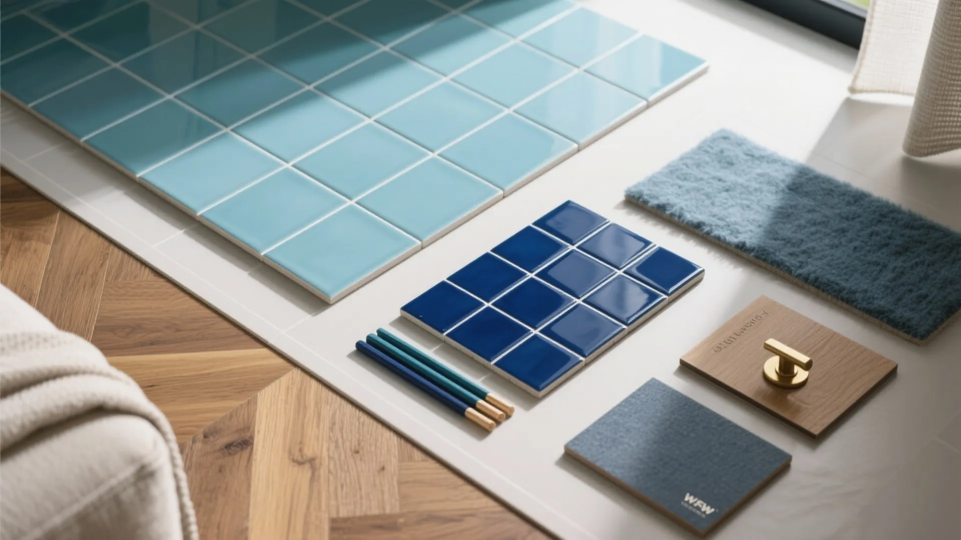 Interior design mood board with blue tiles fabric samples wooden floor pieces and gold cabinet handle