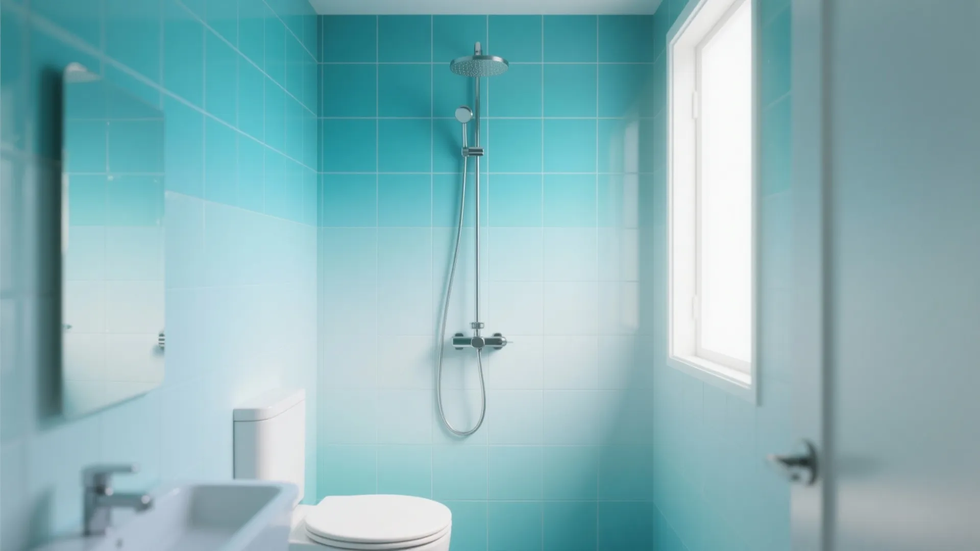 Small bathroom with light blue gradient tiles shower head white toilet sink and a window