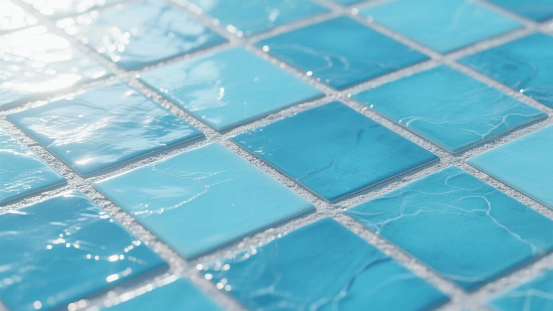 Close up of shiny blue square tiles with white grout lines and bright sunlight reflection