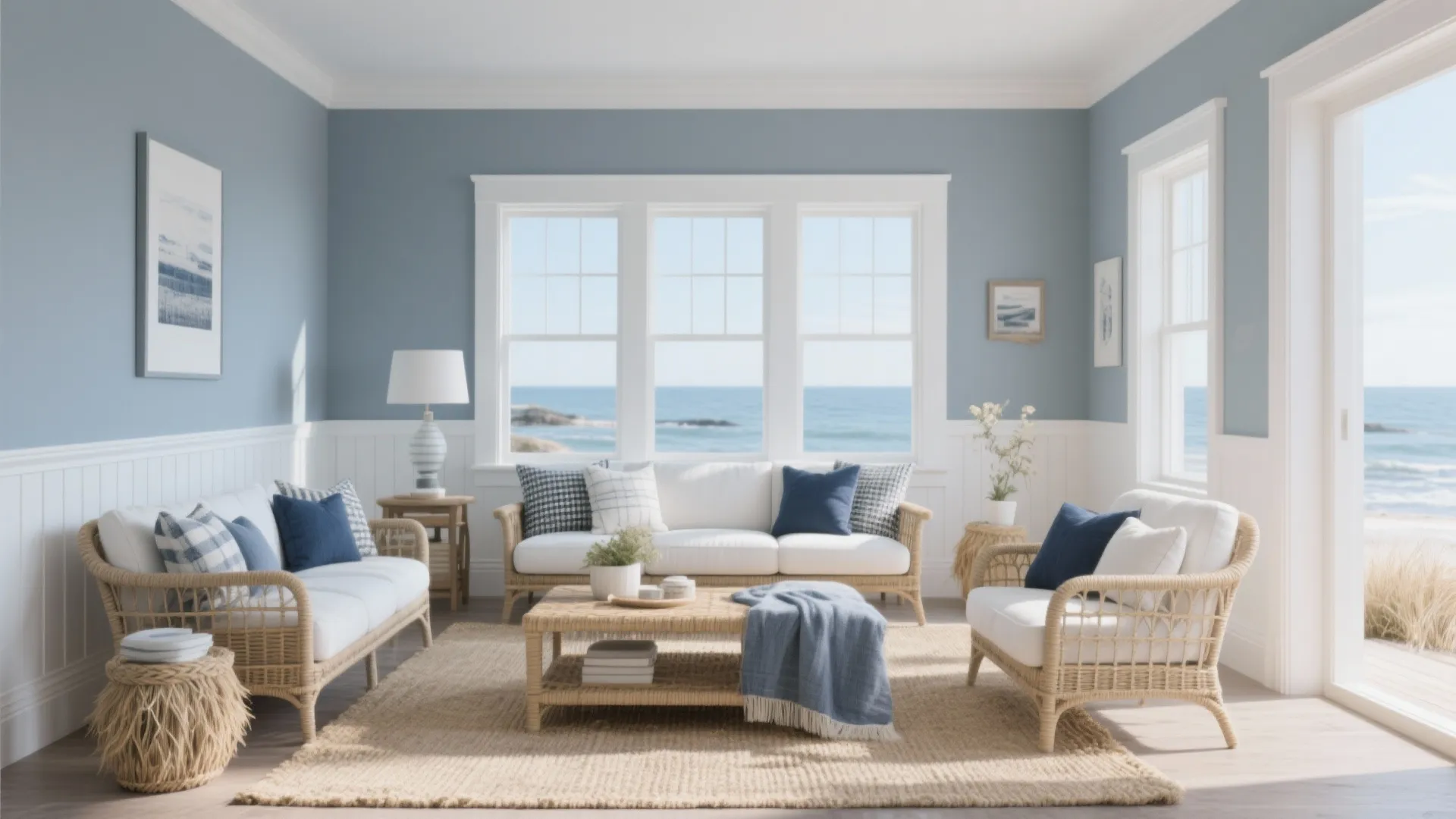 Coastal living room with blue walls white wood wall panels wicker furniture and sea views