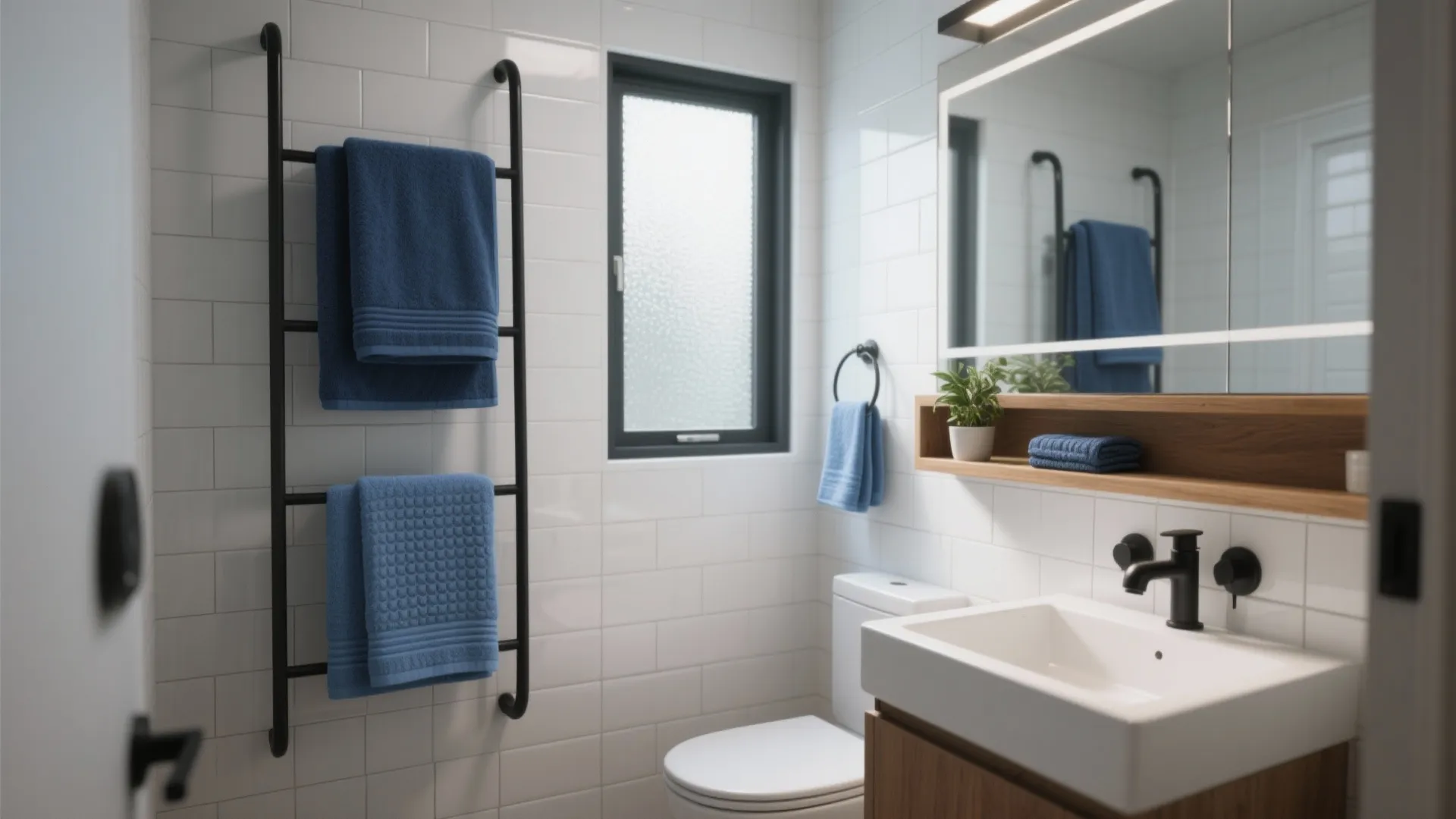 Modern white bathroom with blue towels on black metal rack plus sink and lighted mirror