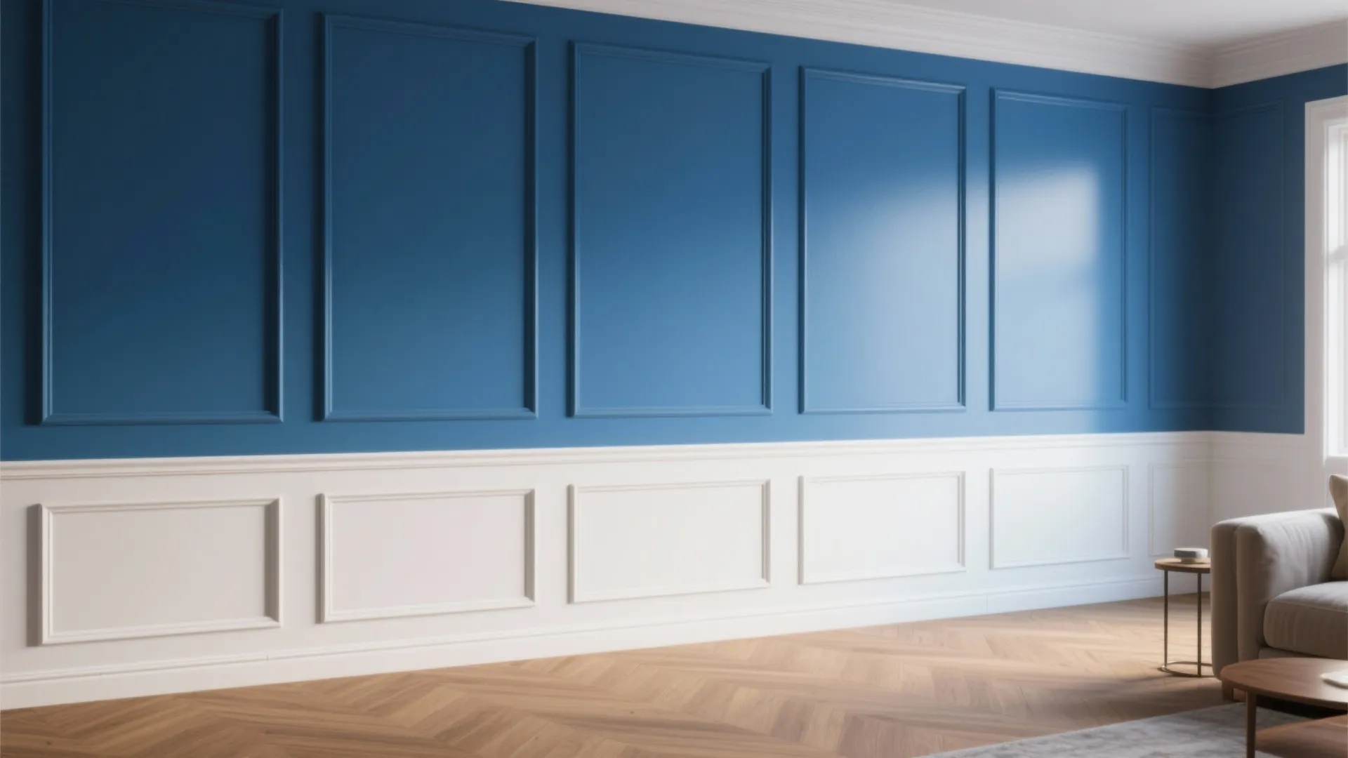 Living room with blue wall panel above white wall panel wooden floor and a grey sofa