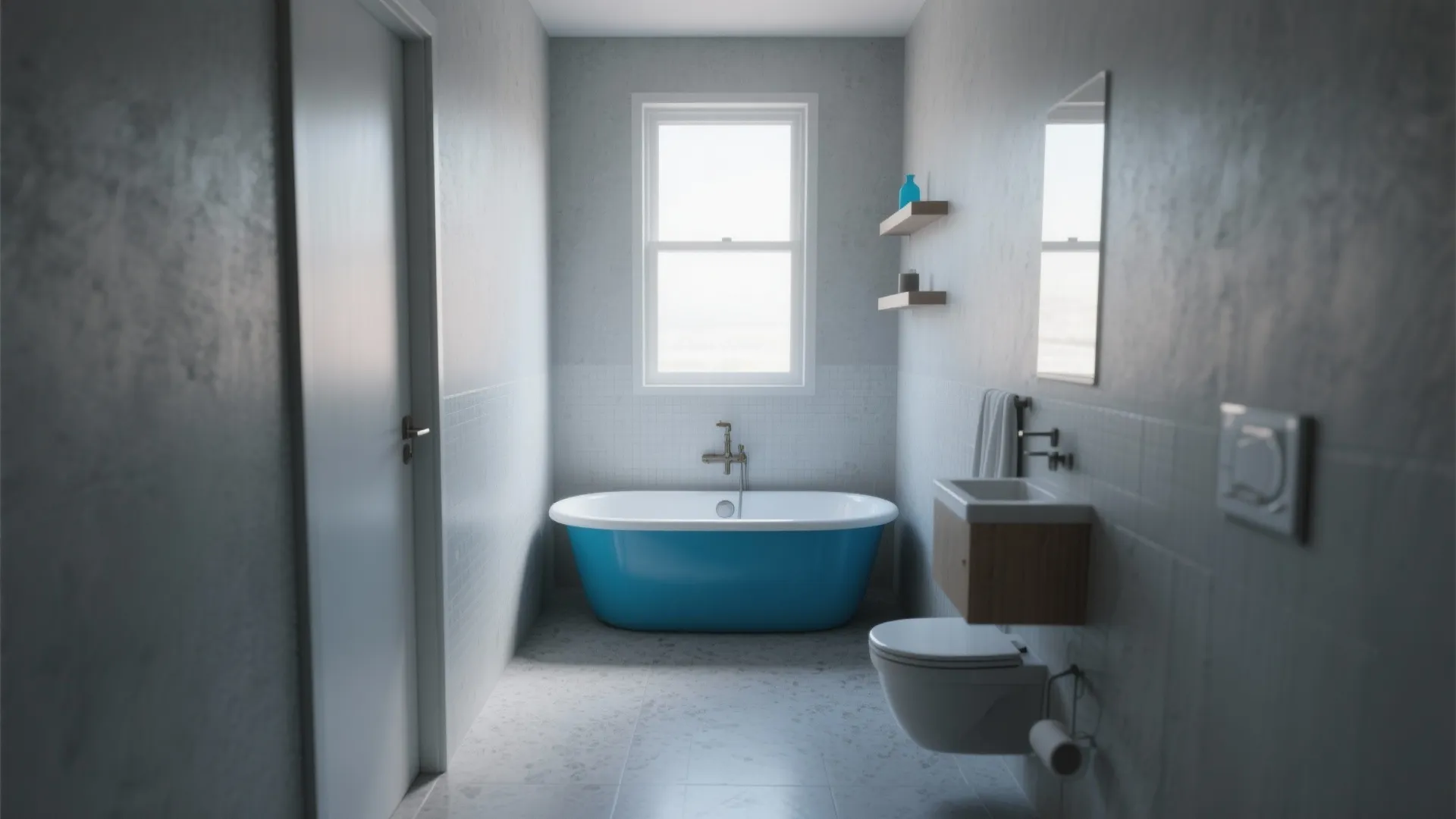 4. Cool Gray Walls with Blue Freestanding Tub