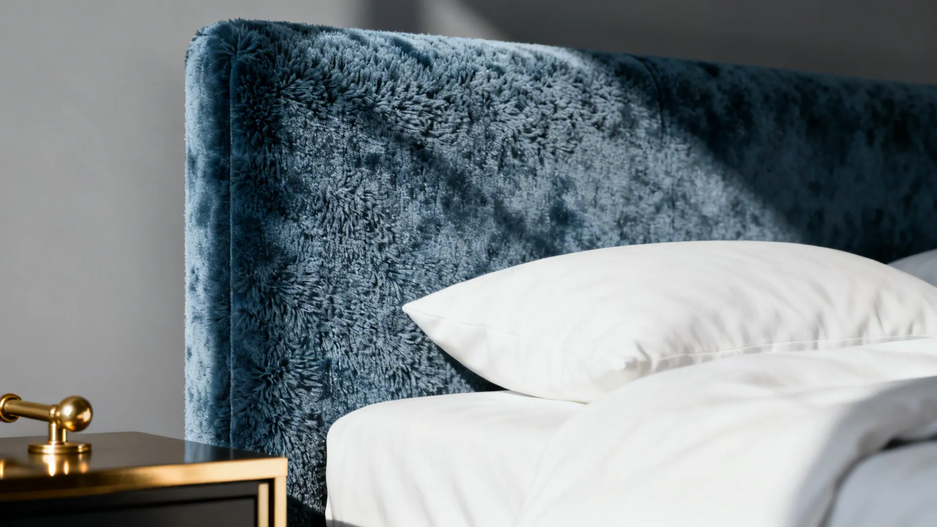 Close-up of a muted blue upholstered headboard with white bedding and brass bedside details.
