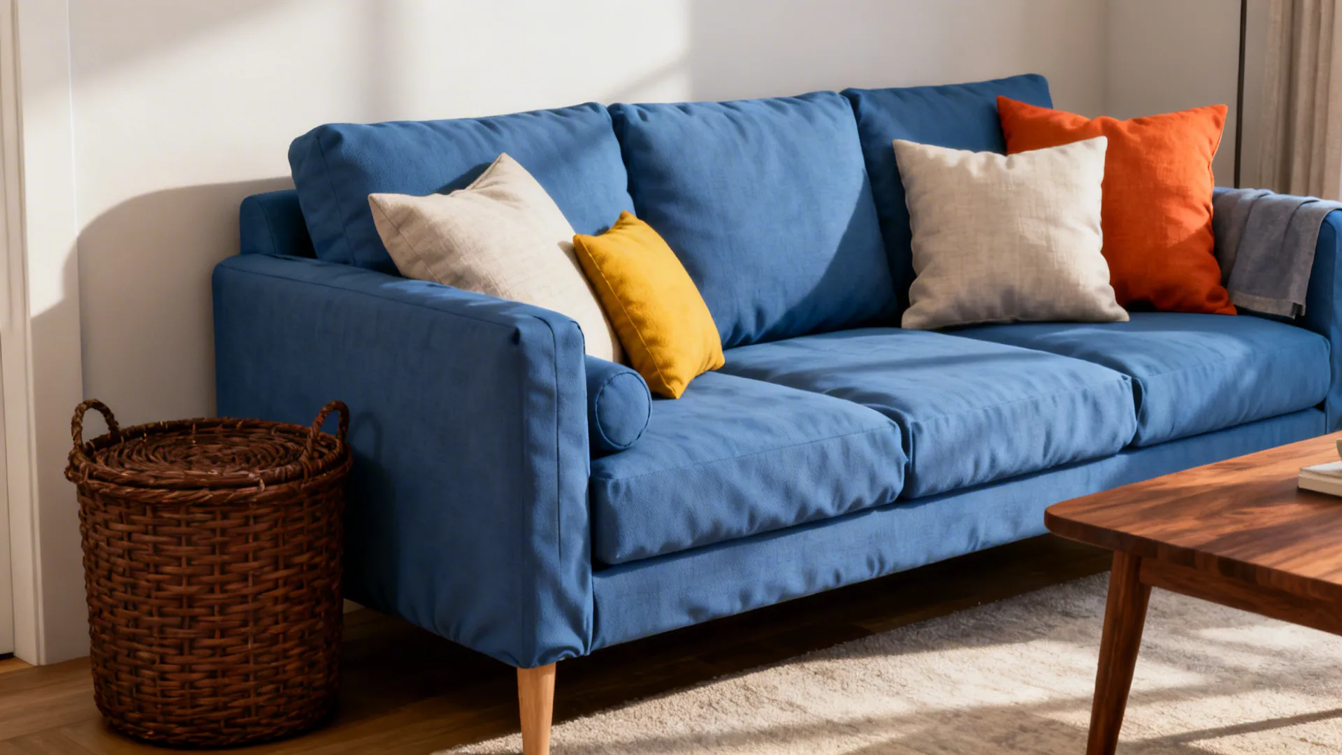 Blue sofa with colorful pillows next to a wicker basket and a wooden coffee table