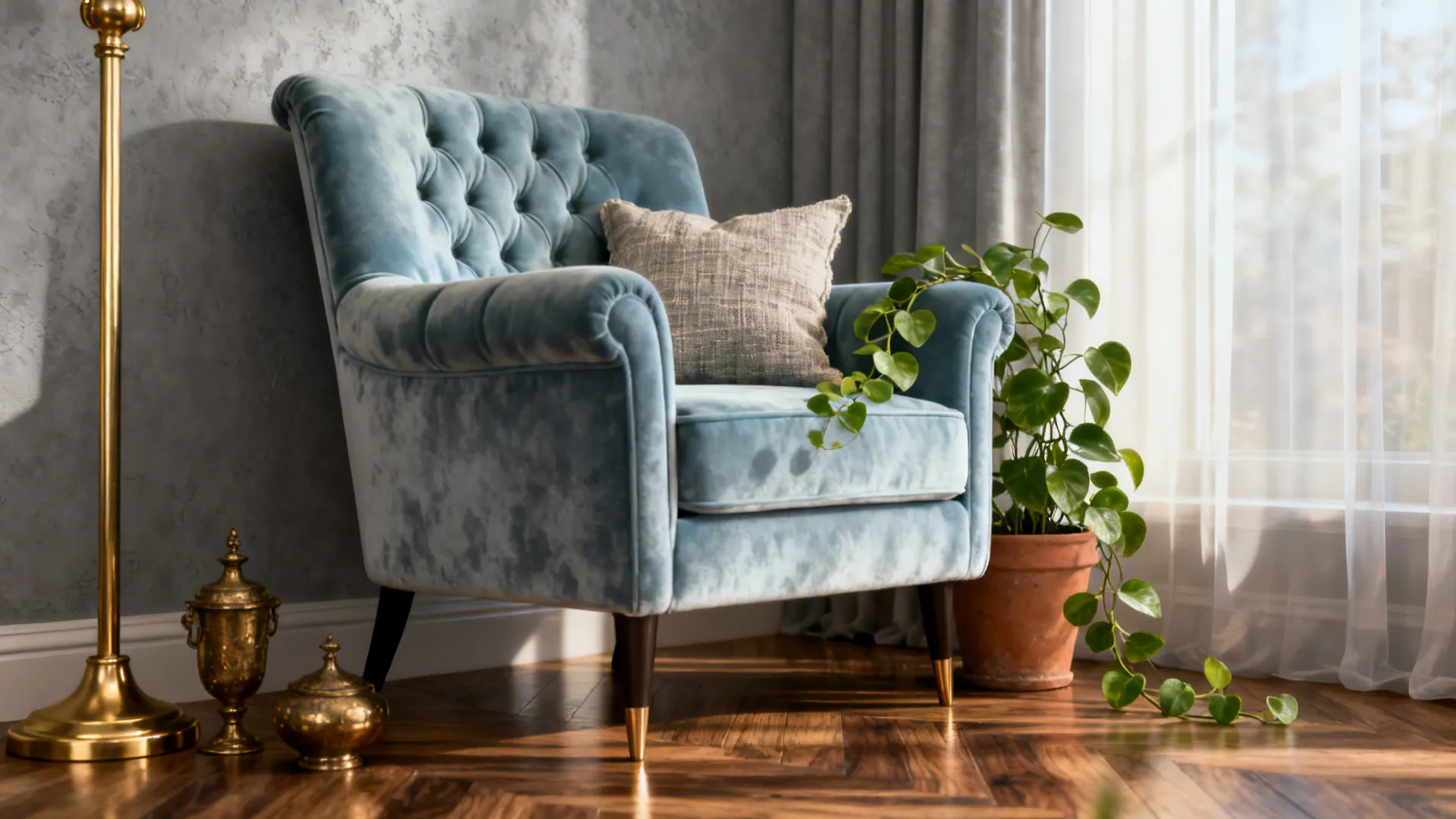 Blue sofa chair with grey cushion on wooden floor near green plant and gold lamp
