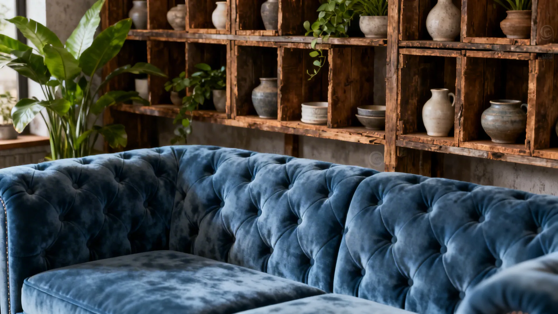 4. Soft Blue Upholstery with Rustic Brown Shelving