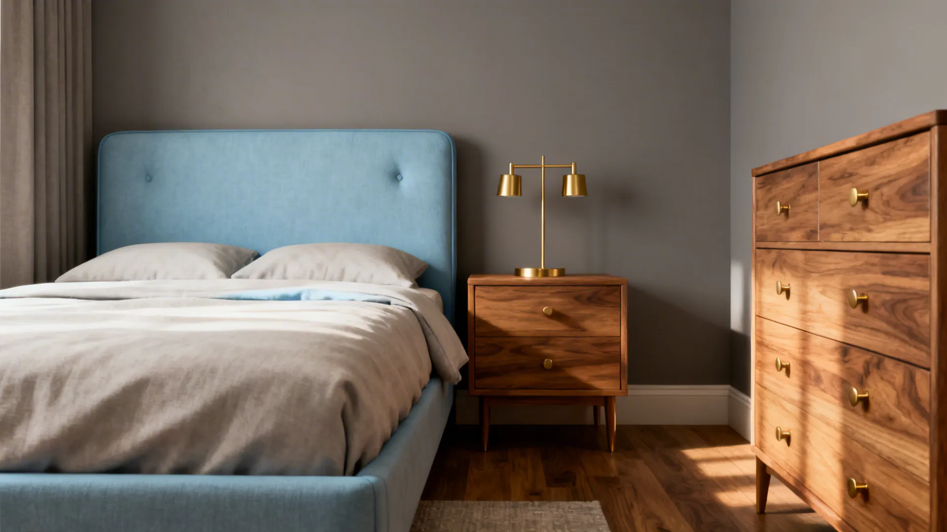 Guest room with gray walls, light-blue upholstered bed and warm oak furniture.