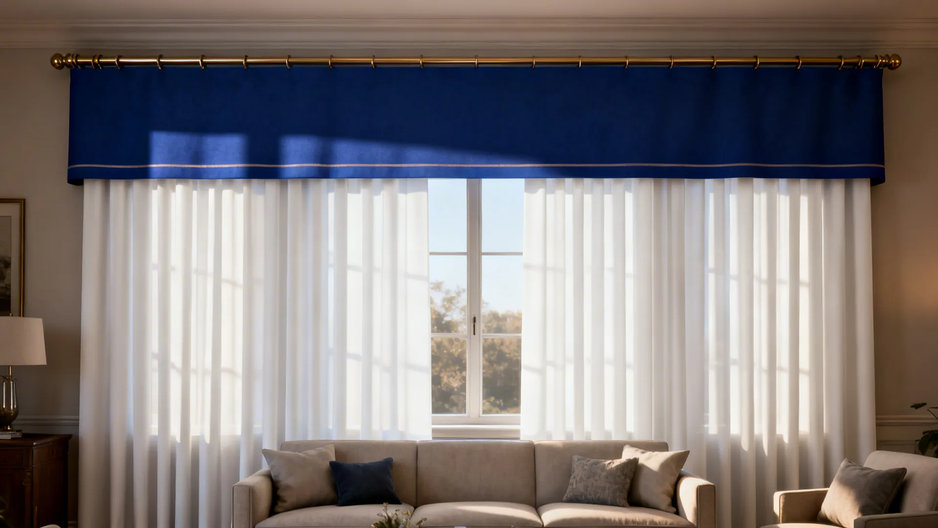 Window with a deep blue valance above white panels, giving a tailored, raised look to the frame.
