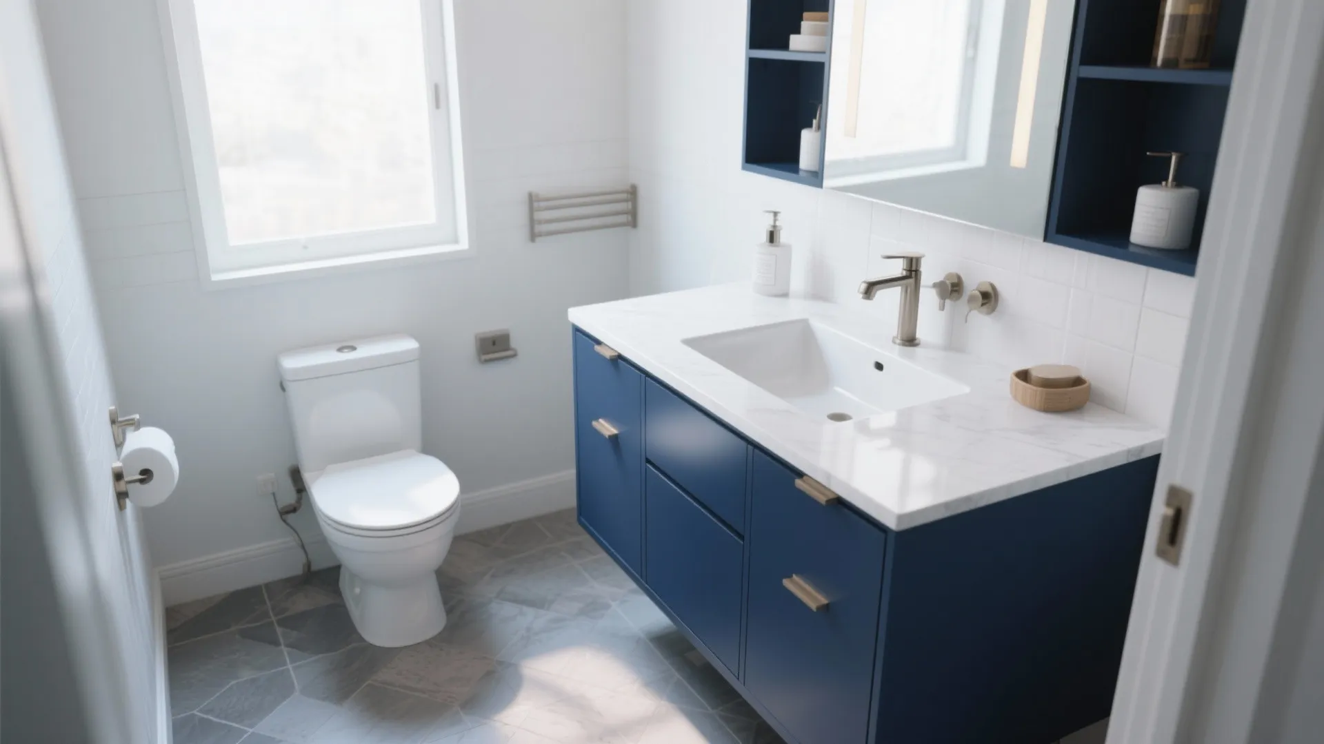 3. Blue Vanity for a Pop of Color