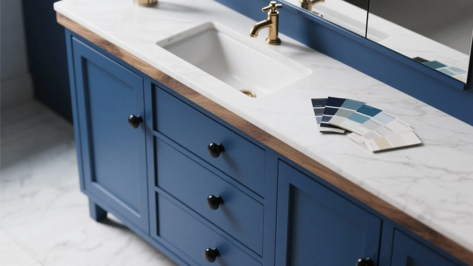 Flatlay of blue vanity sample with matte black hardware and brass faucet accent