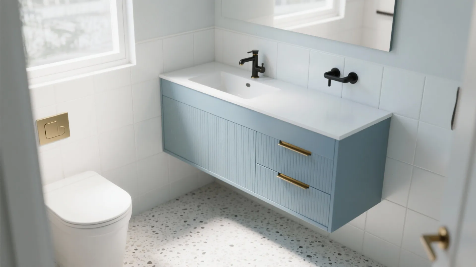 Idea 3: A compact blue vanity with lean storage