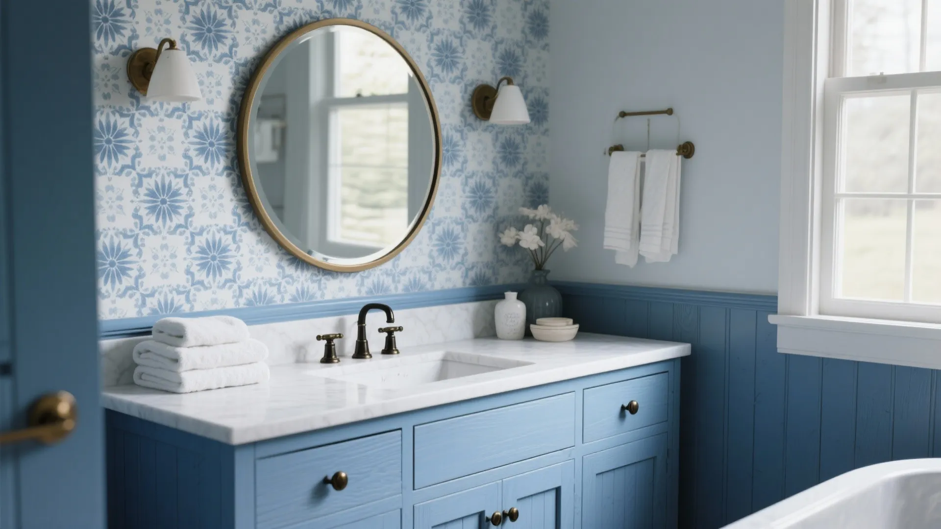 3. Blue vanity with white countertop and black brass handles