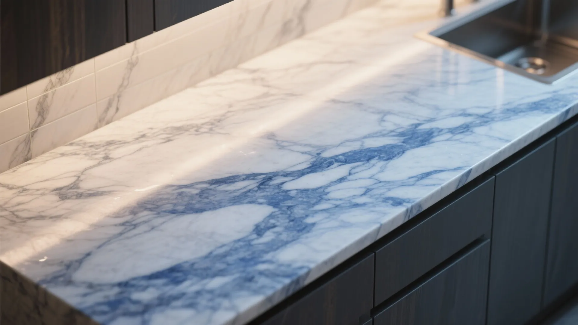 4. Blue Marble or Veined Engineered Stone for Luxury in Small Kitchens