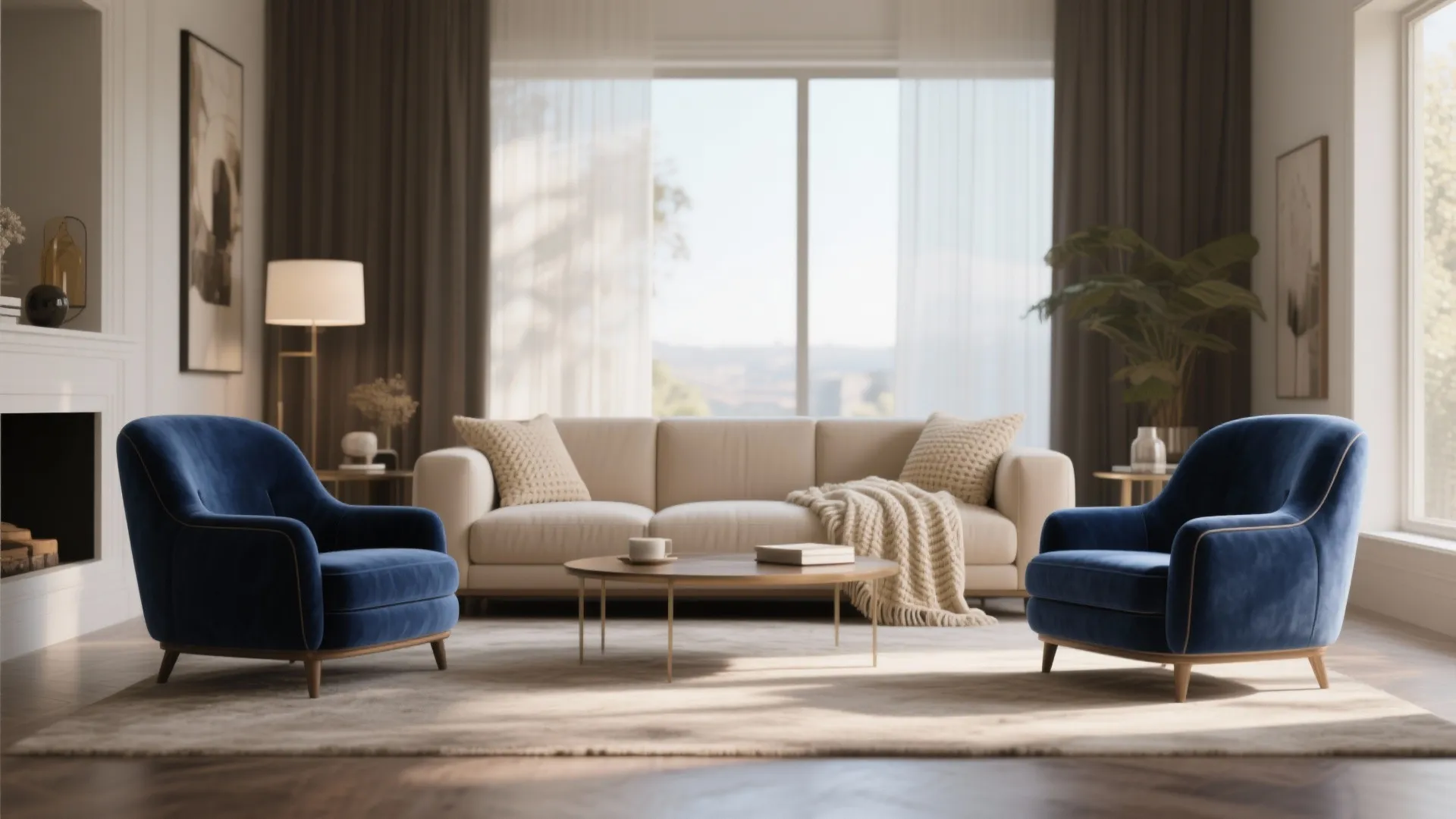 Modern living room with blue armchairs beige sofa round wooden coffee table and large windows