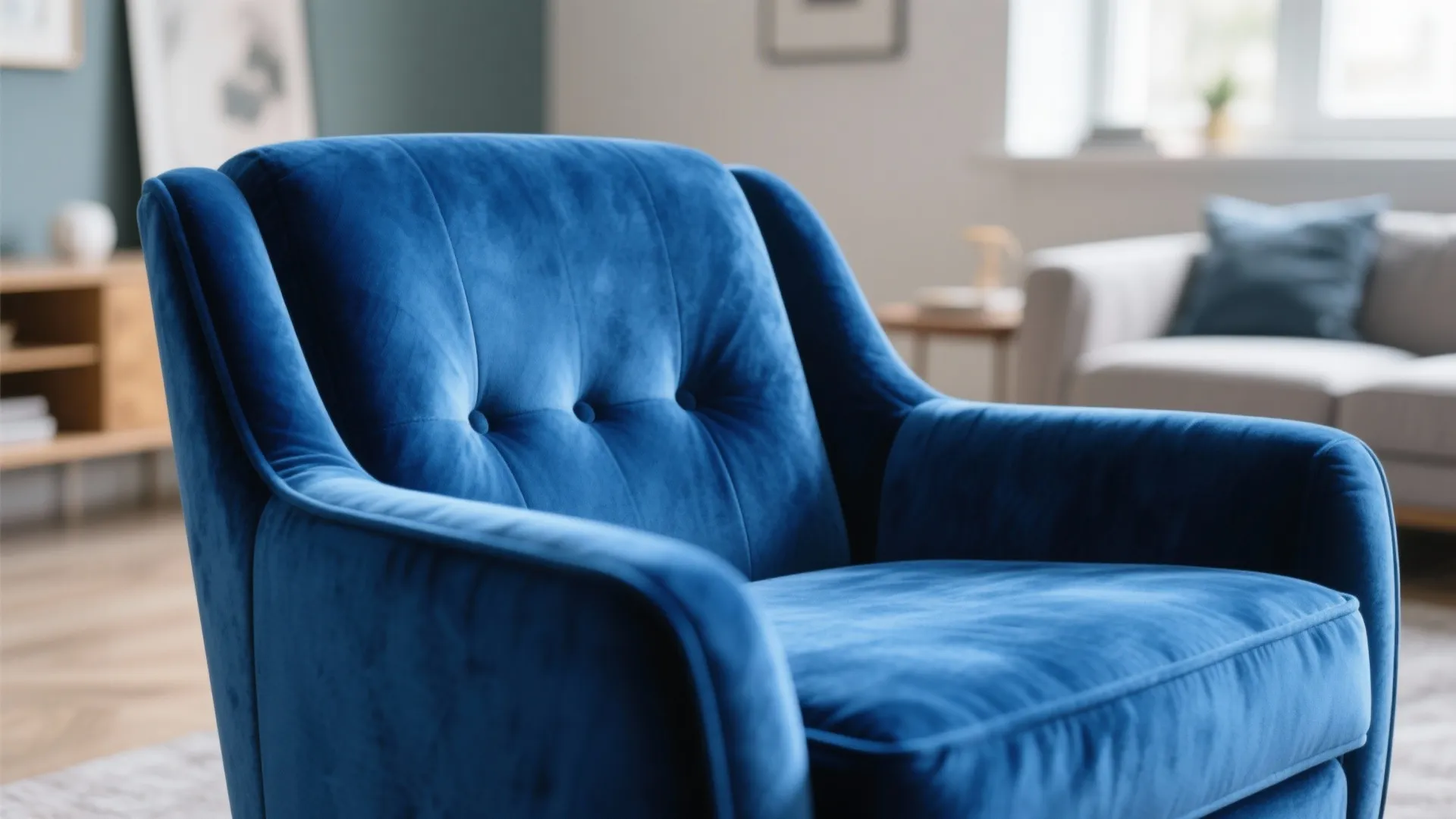 Blue velvet armchair with rich texture in living room