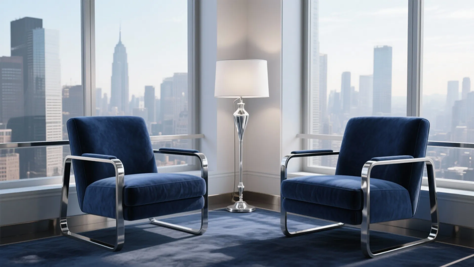 2. Blue Velvet Armchairs with Chrome Frame