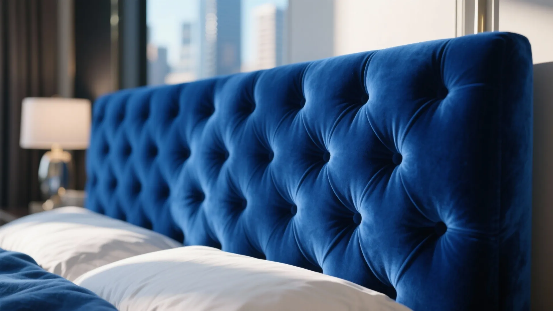 Macro view of a royal blue velvet headboard showing plush detail