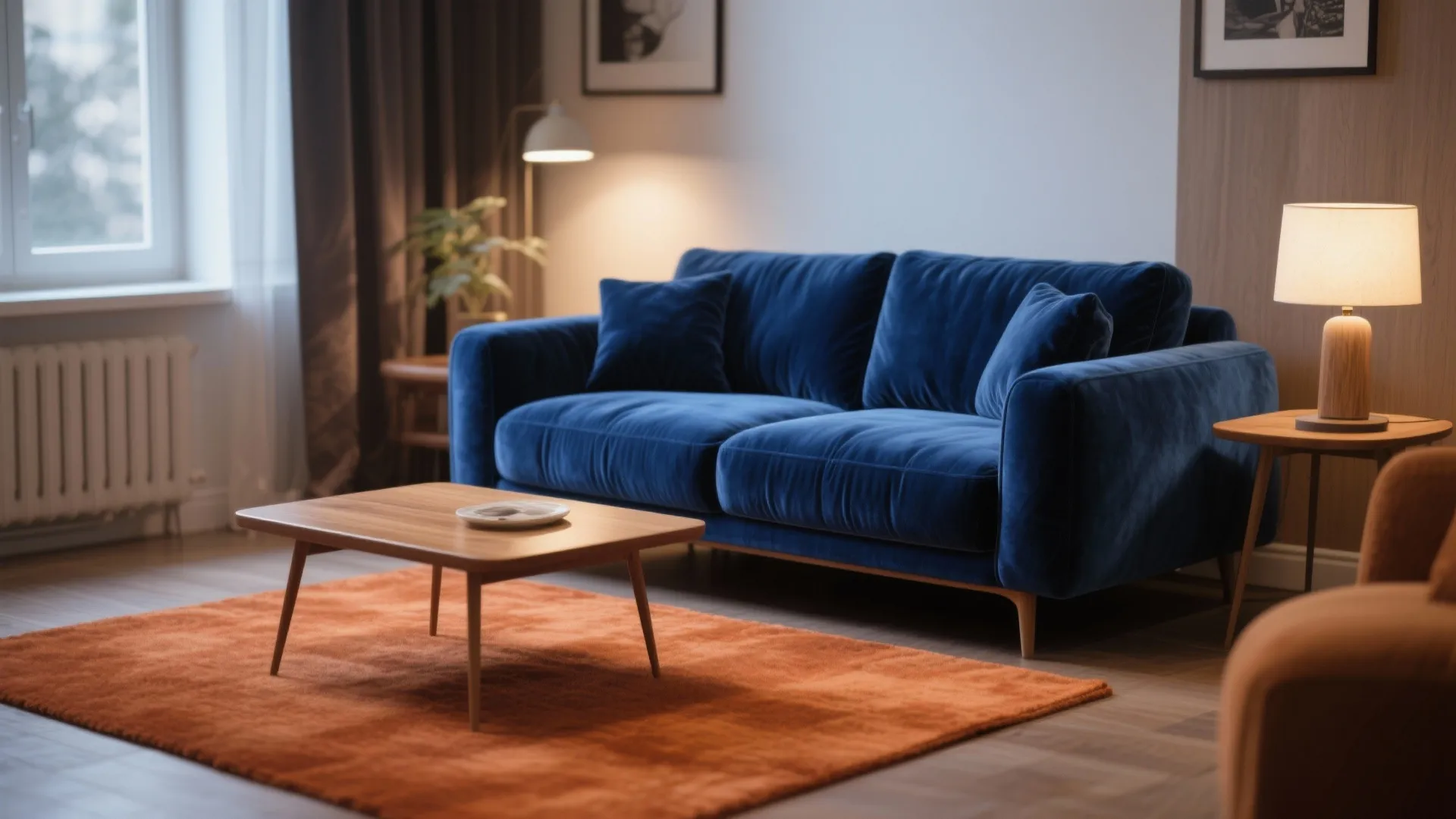 Modern living room with blue velvet sofa, wooden coffee table, orange rug, and floor lamp