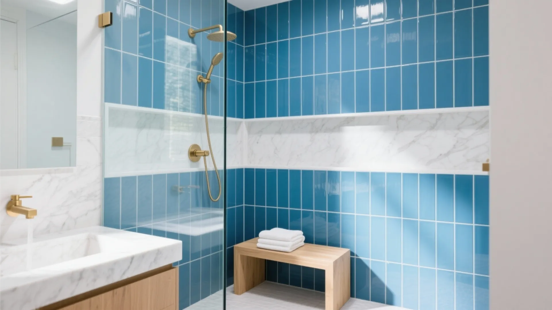 3) Vertical Blue Tile to Stretch the Room