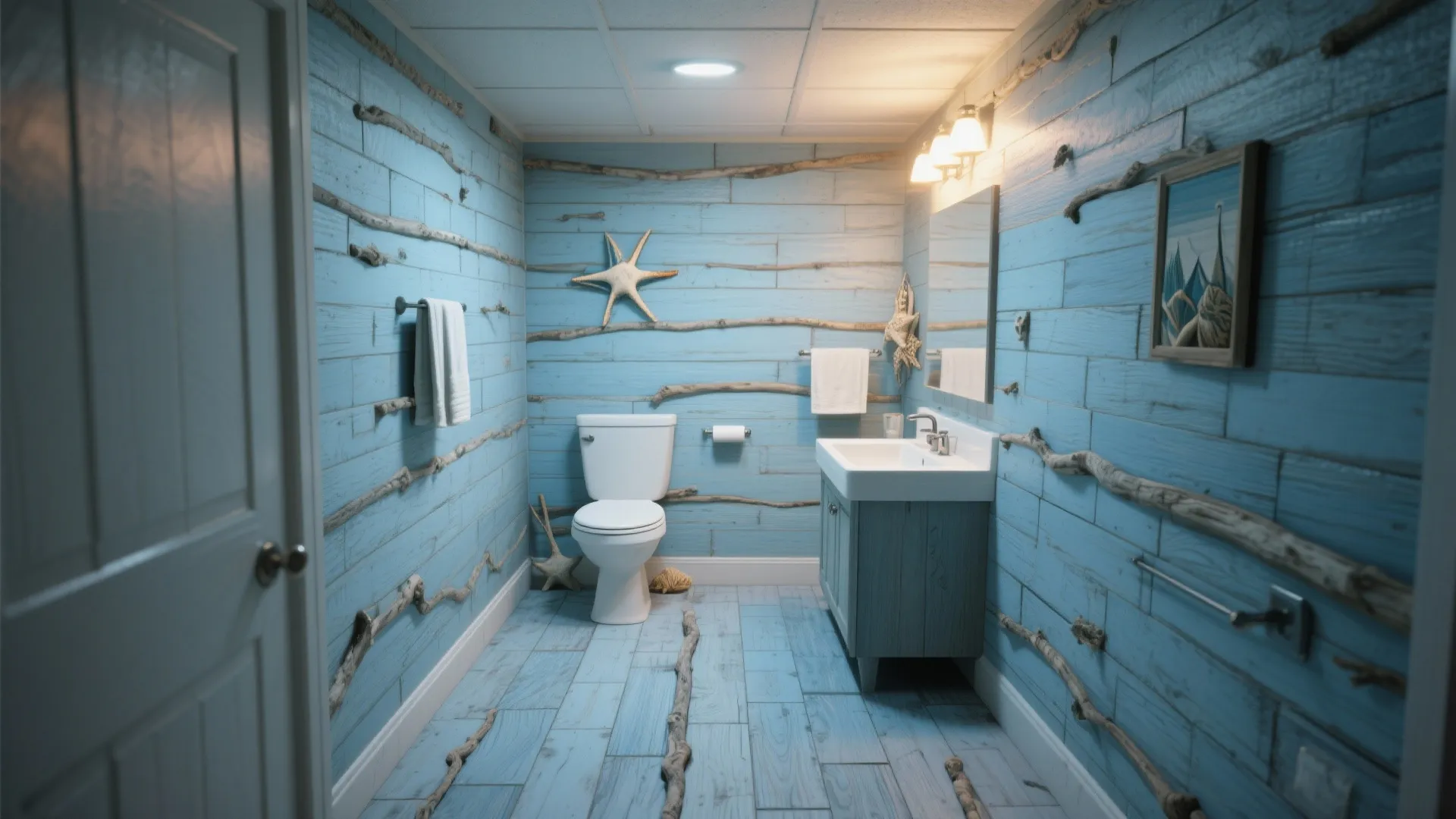Basement bathroom with blue-toned vinyl planks that mimic driftwood, offering a coastal practical look.