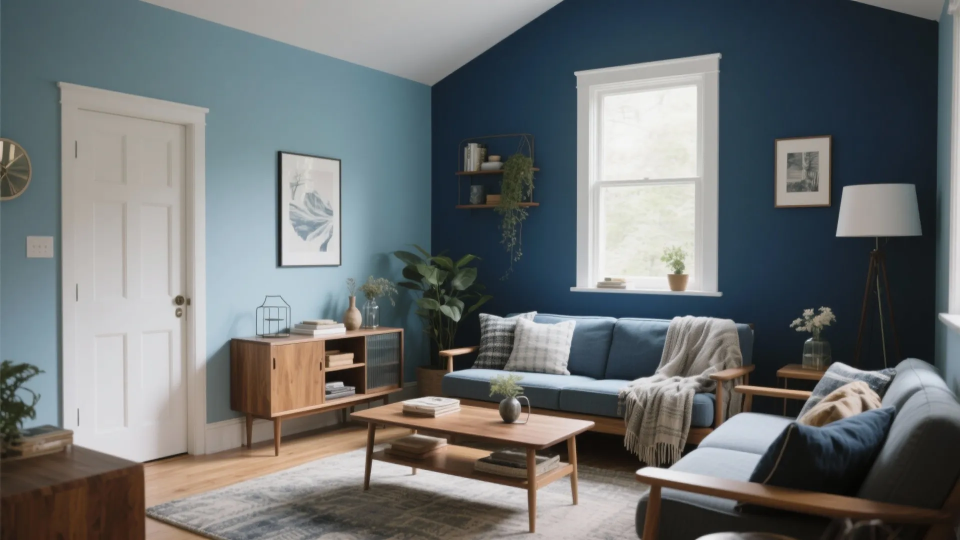 Living room with light and dark blue walls matching sofas wooden coffee table floor cabinet