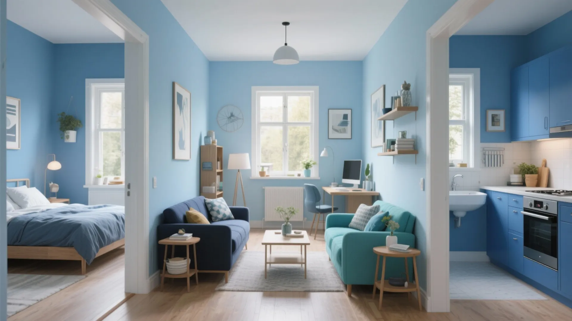 Small apartment interior showing blue living room, bedroom view, and blue kitchen with wooden floors