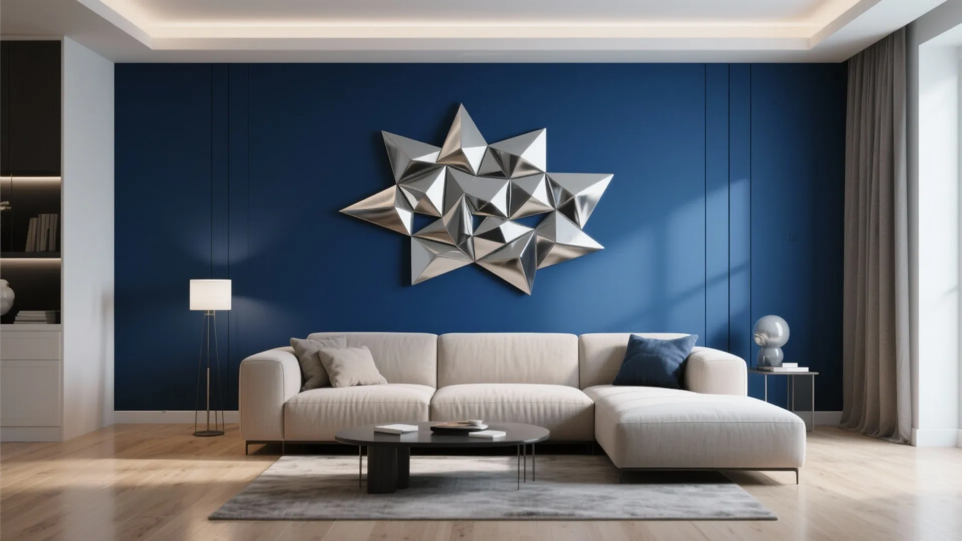 4. Blue Accent Wall with Metallic Wall Art