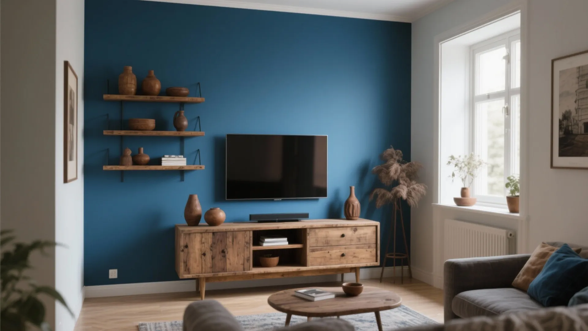 2. Use a Blue Feature Wall and Natural Wood Elements