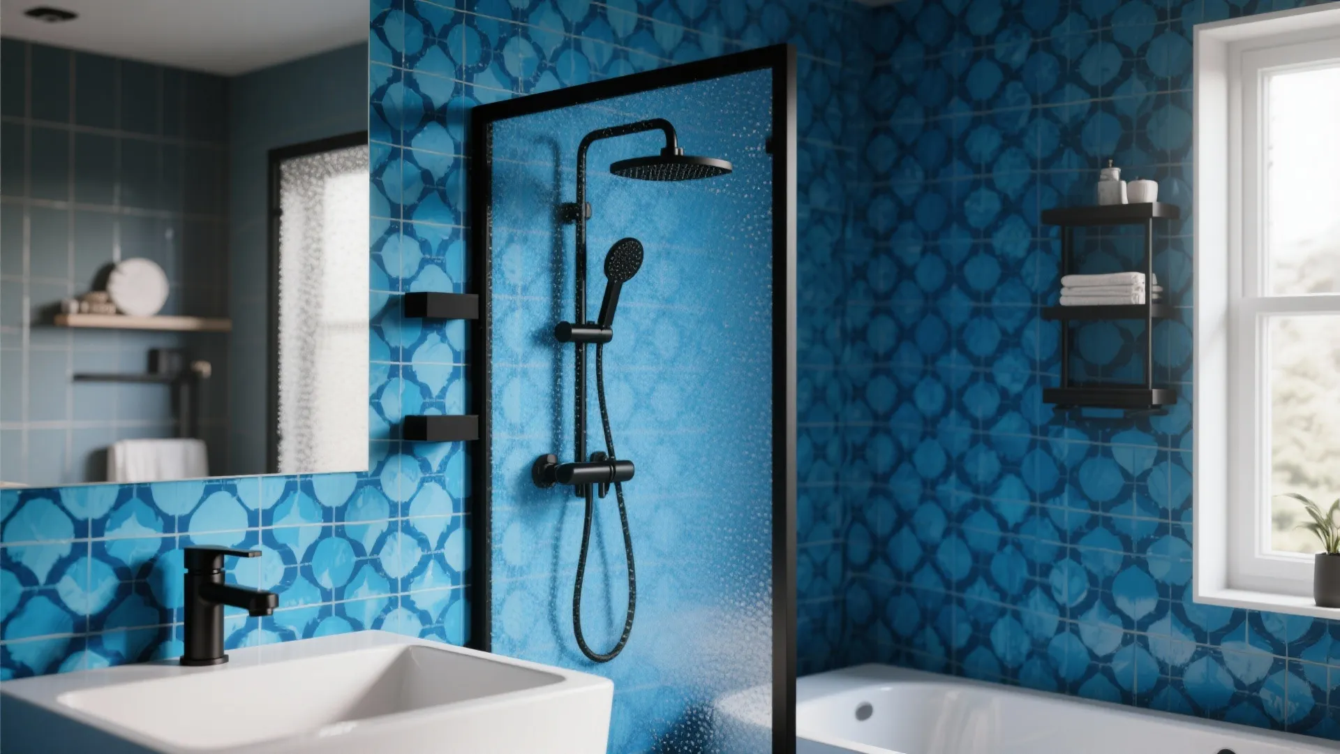 Modern blue tiled bathroom with black shower head and white sink in a bright room