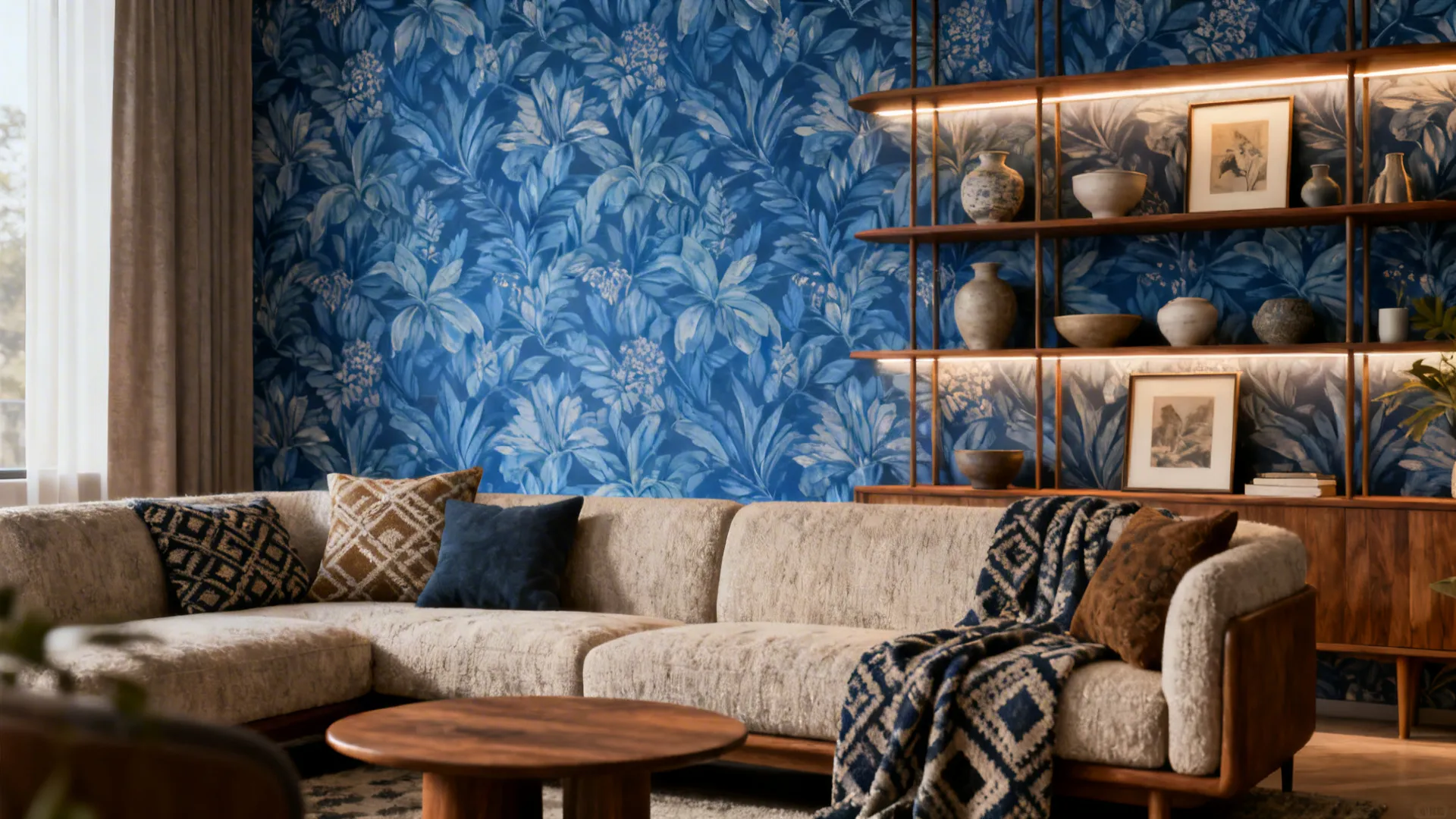 Living room with blue floral wallpaper beige sofa wooden coffee table and shelves with decorative pottery