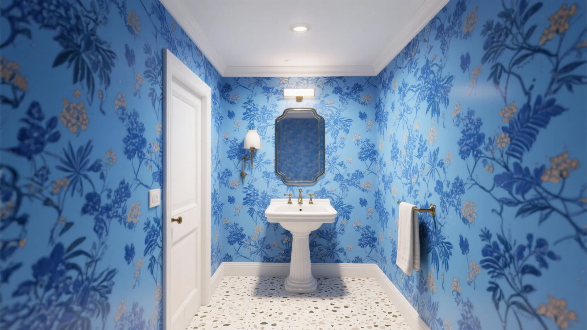 Patterned Blue Wallpaper in the Powder Room
